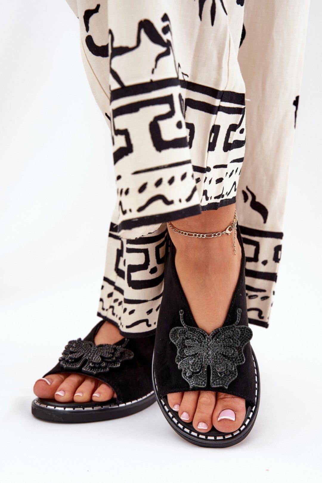Love Lace Love Lace Women's Jezzi Suede Flat Sandals with Decorative Front Buckle Comfort in Black