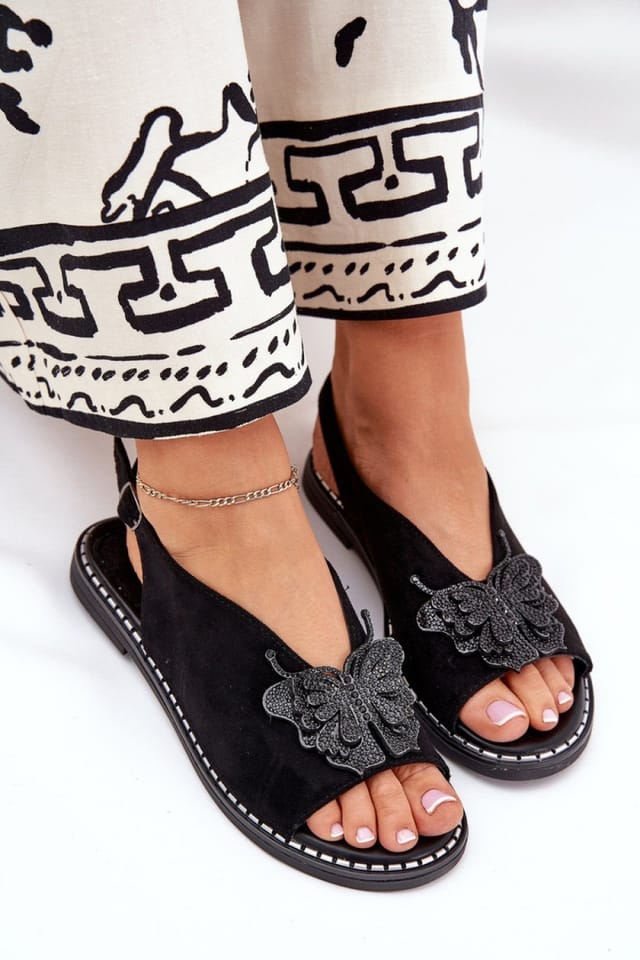 Love Lace Love Lace Women's Jezzi Suede Flat Sandals with Decorative Front Buckle Comfort in Black - 3