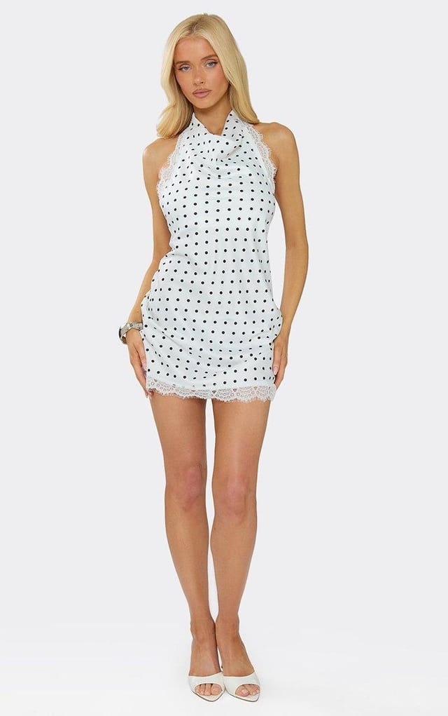 EGO Cowl Halterneck Lace Trim Mini Dress In White Polka Dot, Women's Size UK 6 - 2
