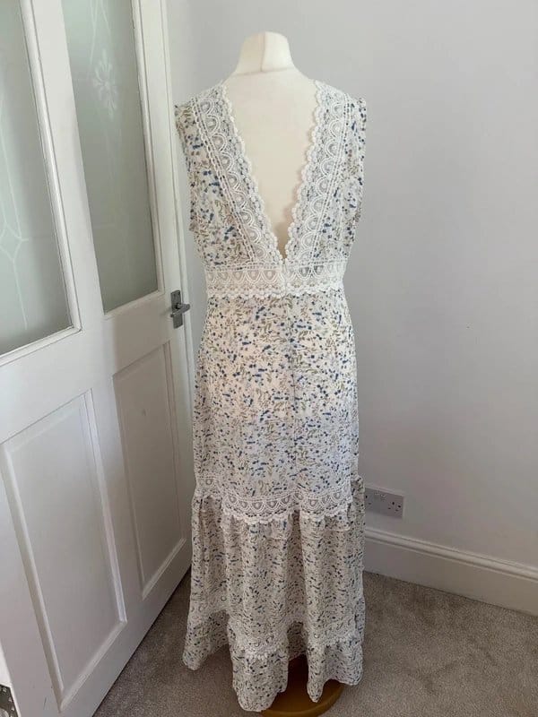 EillyBazar White Blue Floral Lace Maxi Dress Boho Cottagecore