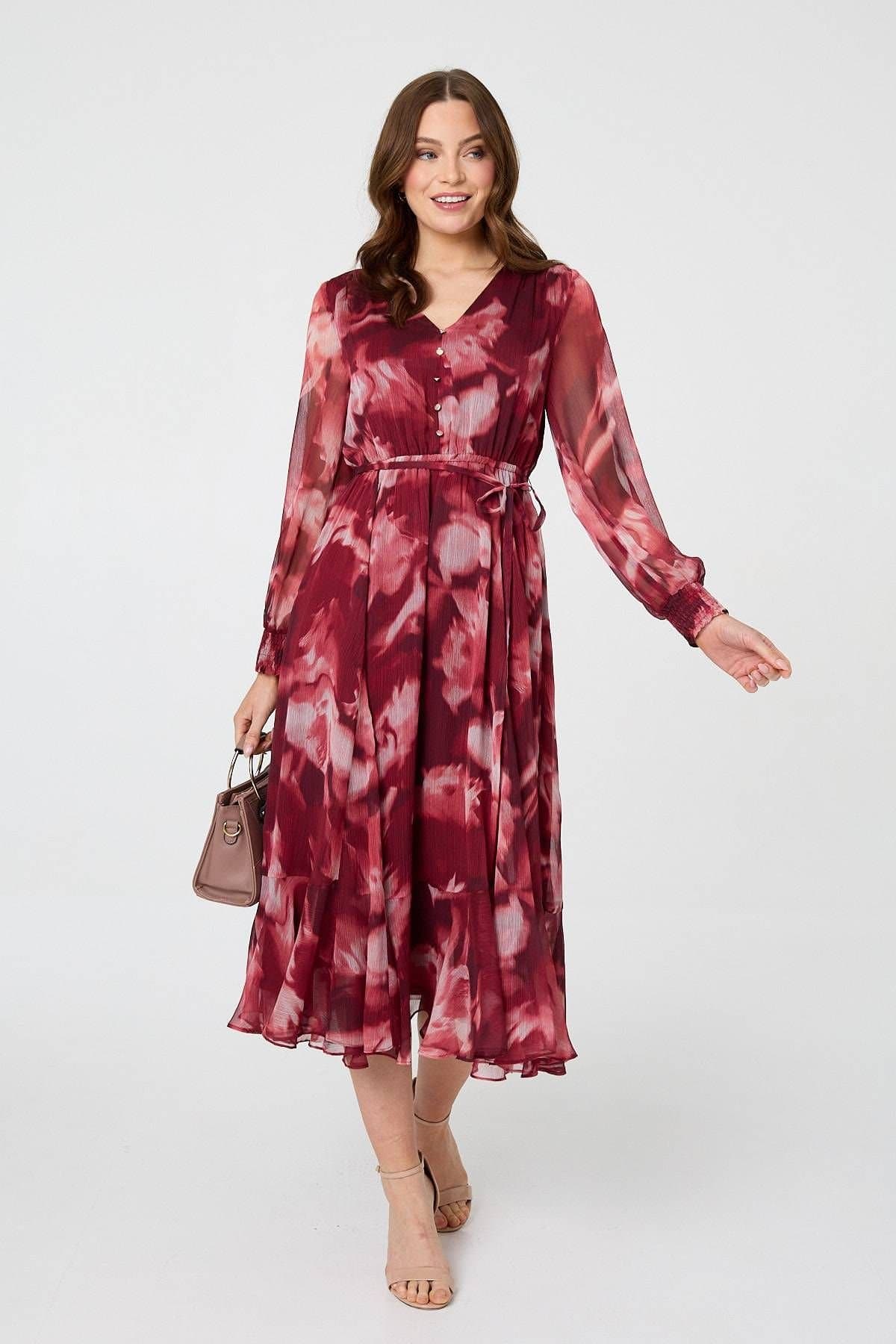Izabel London Izabel London Women's Abstract Floral Semi Sheer Midi Dress in Burgundy