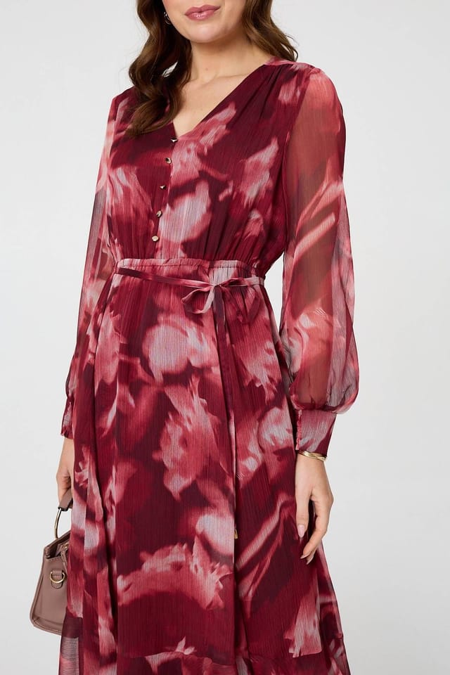 Izabel London Izabel London Women's Abstract Floral Semi Sheer Midi Dress in Burgundy - 2