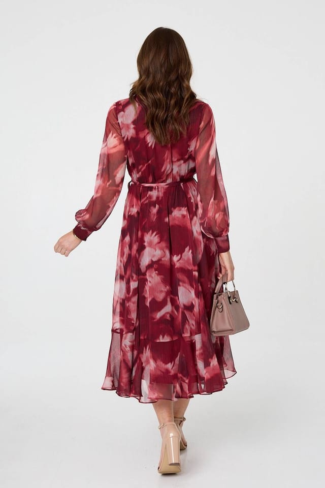 Izabel London Izabel London Women's Abstract Floral Semi Sheer Midi Dress in Burgundy - 3