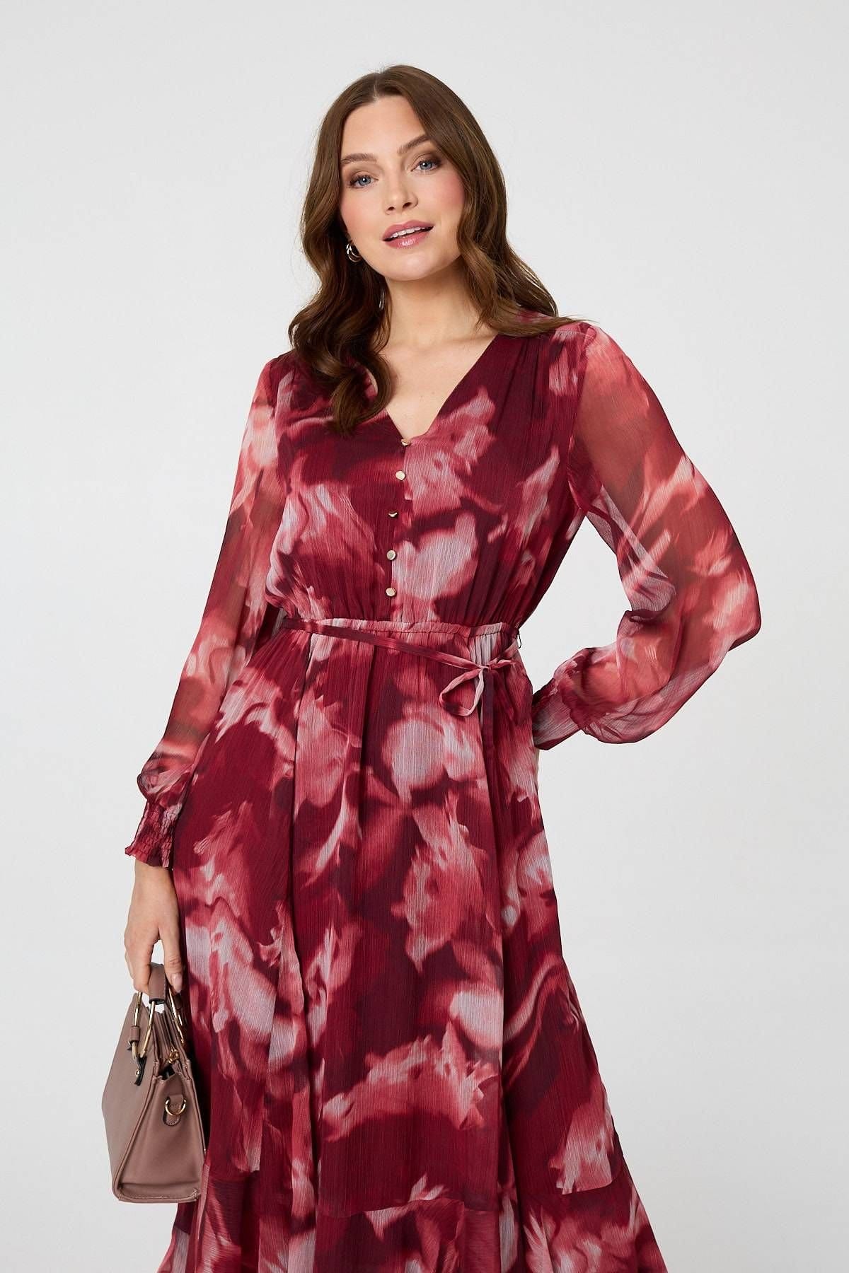 Izabel London Izabel London Women's Abstract Floral Semi Sheer Midi Dress in Burgundy - 4