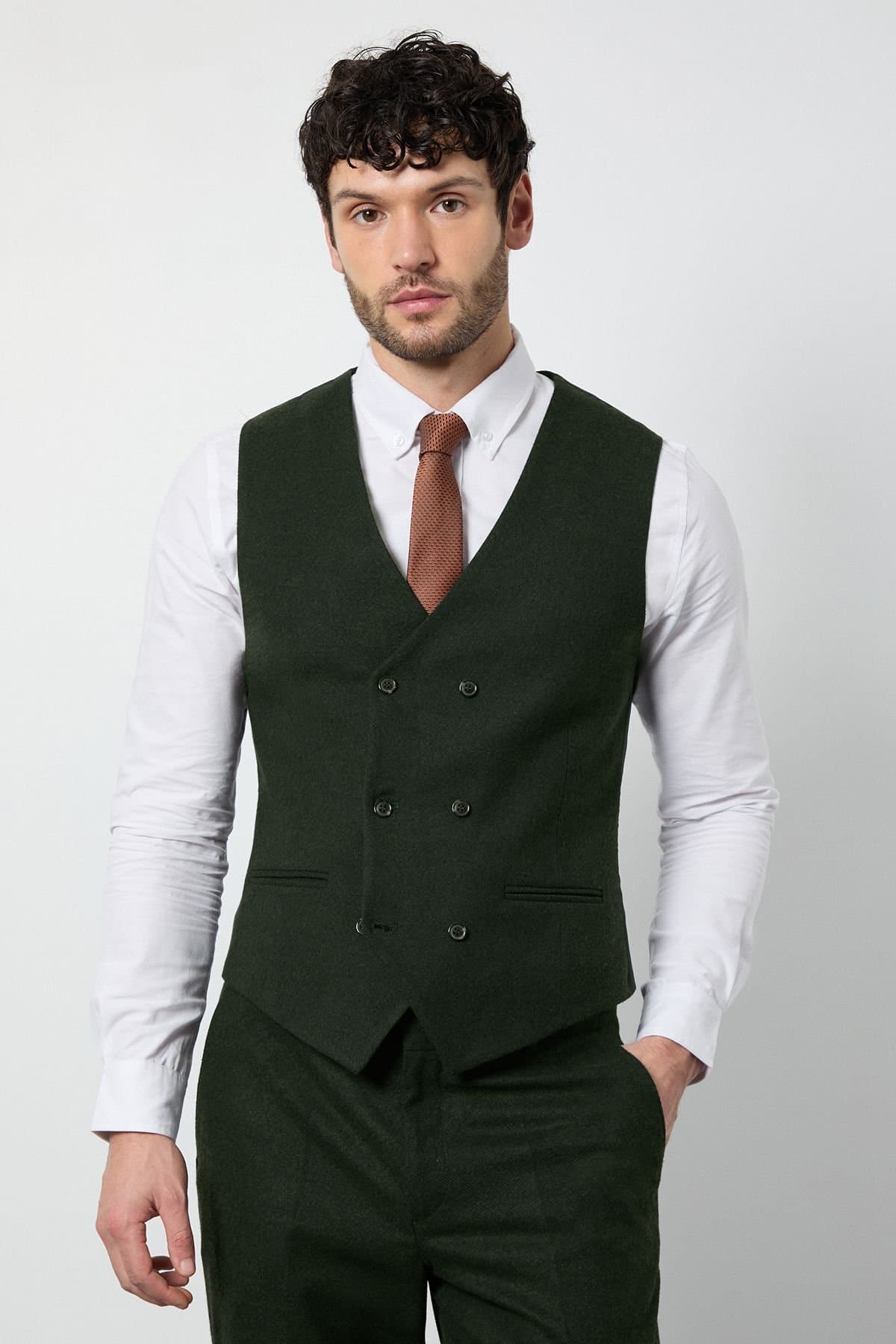 Burton Burton Men's Dark Green Tweed Look Waistcoat