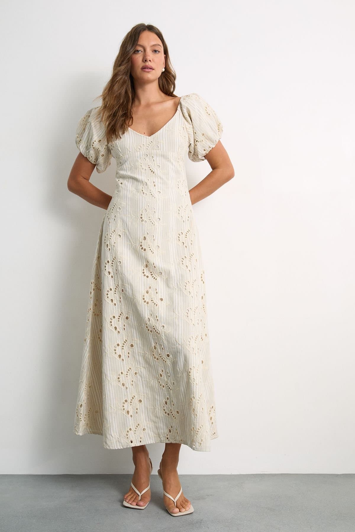 Warehouse Warehouse Women's Stripe Cotton Broderie Midi Dress in Stone