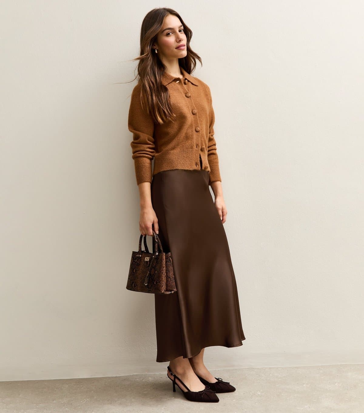 New Look Women's Petite Dark Brown Satin Bias Cut Midi Skirt New Look