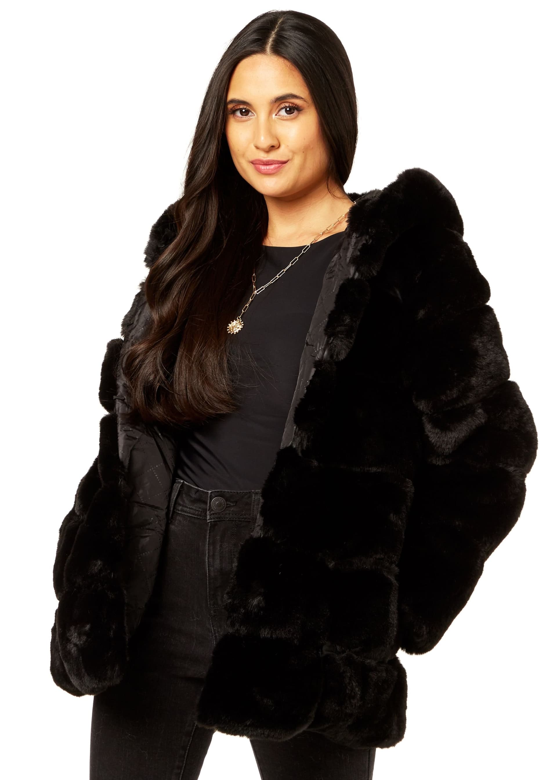 Gini London Gini London Women's Black Horizontal Cut Fur Hooded Jacket