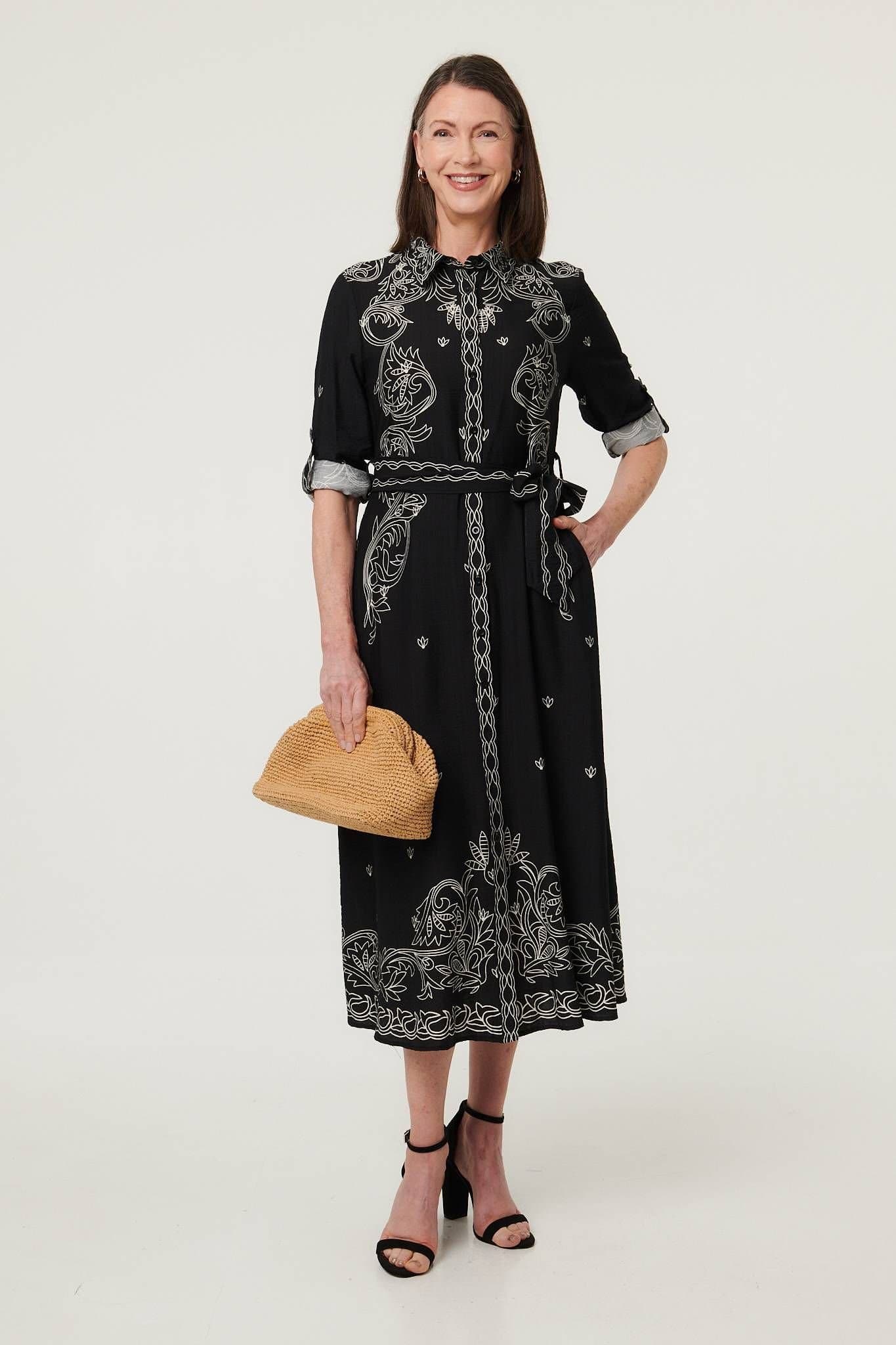 Izabel London Izabel London Women's Border Print Tie Waist Midi Shirt Dress in Black