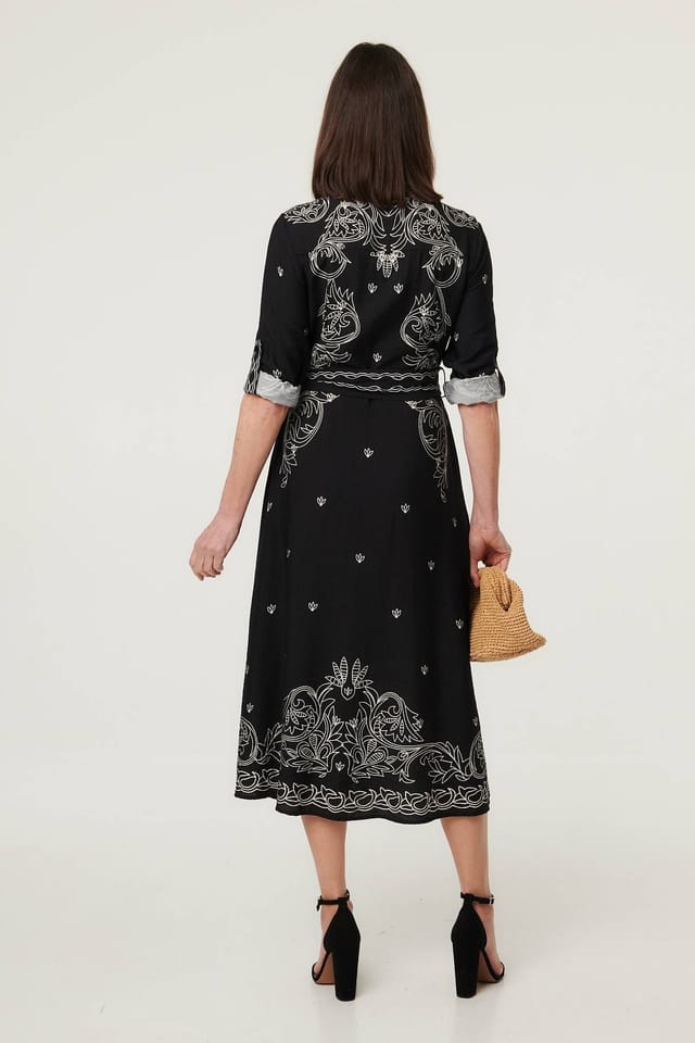 Izabel London Izabel London Women's Border Print Tie Waist Midi Shirt Dress in Black - 3