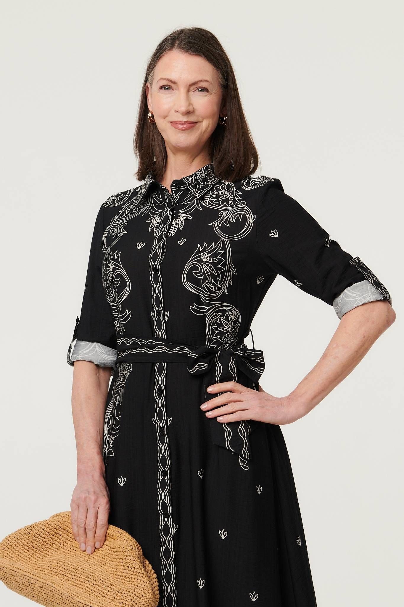 Izabel London Izabel London Women's Border Print Tie Waist Midi Shirt Dress in Black - 4