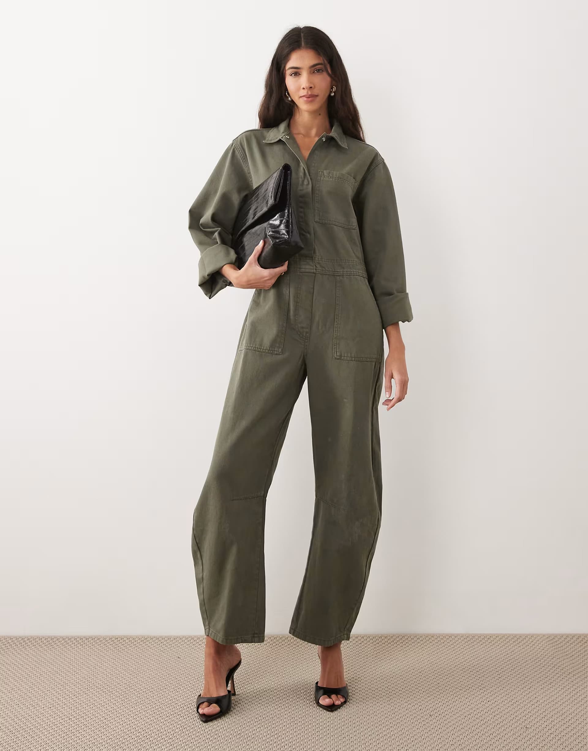 ASOS ASOS DESIGN denim barrel leg boiler suit in khaki