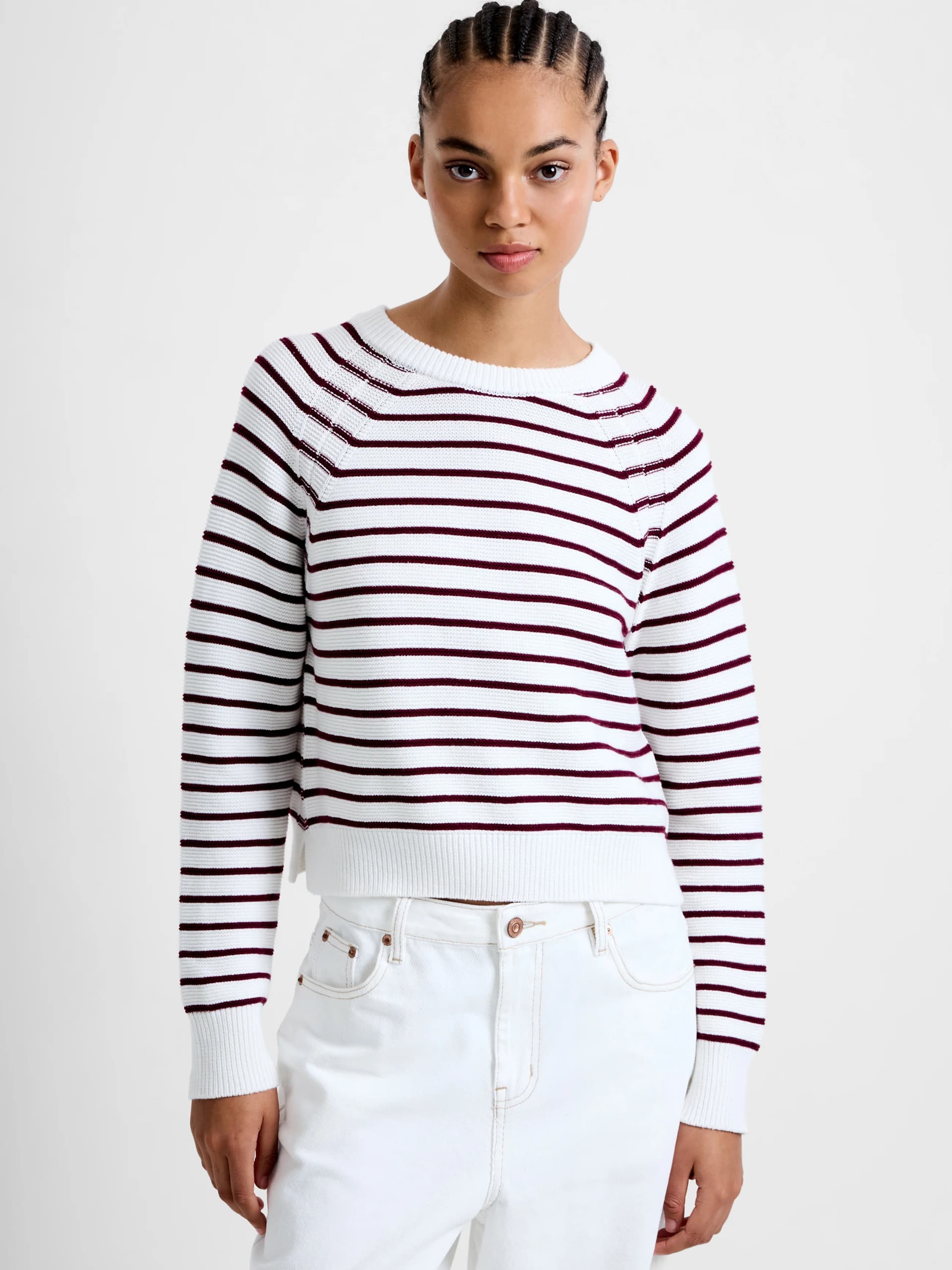 French Connection Lily Mozart Burgundy Stripe Crew Neck Jumper Winter White / Bordeaux Red