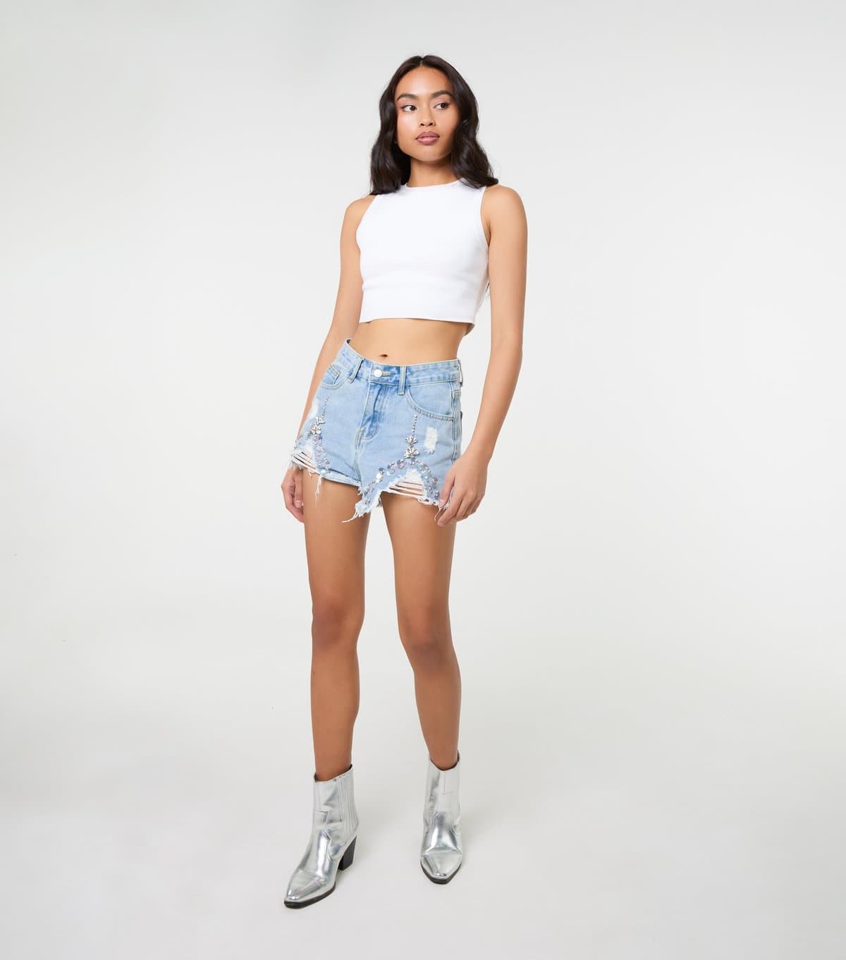 Pink Vanilla Women's Blue Embellished Distressed Denim Shorts Pink Vanilla New Look