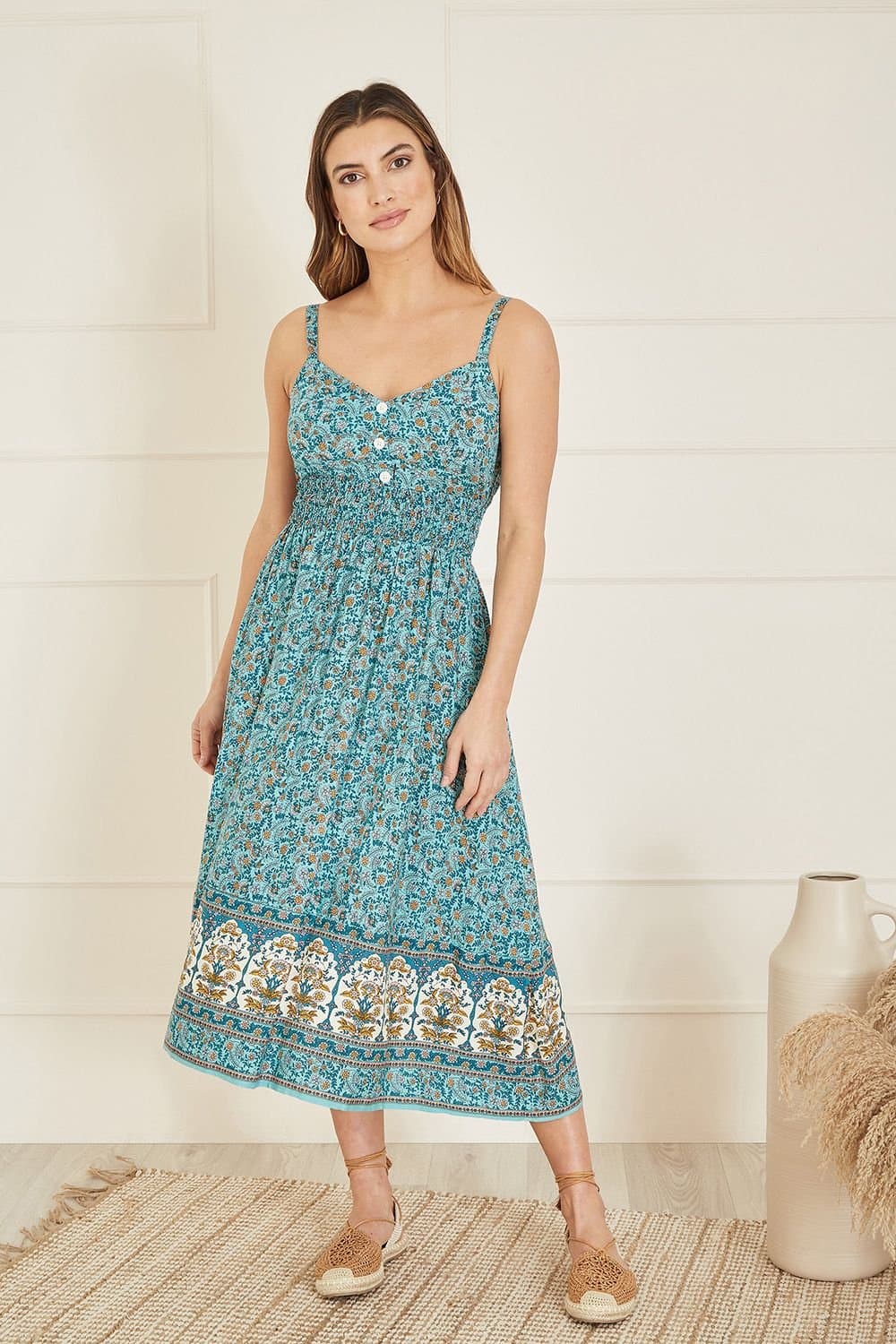 Yumi Yumi Women's Green Border Floral Midi Sundress