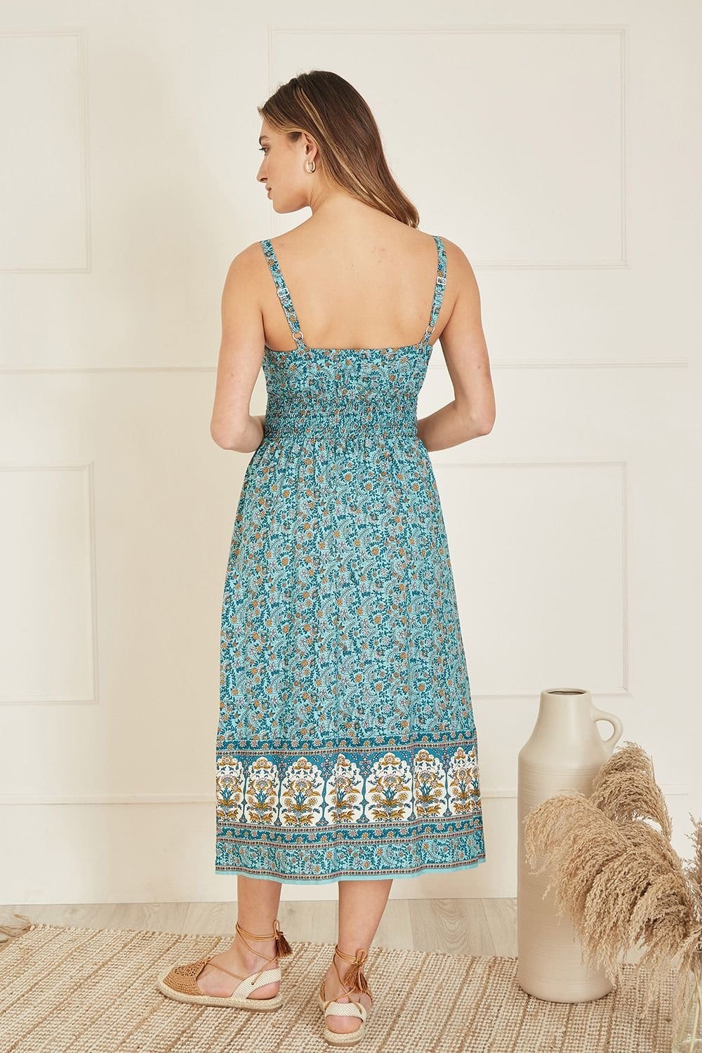 Yumi Yumi Women's Green Border Floral Midi Sundress - 4