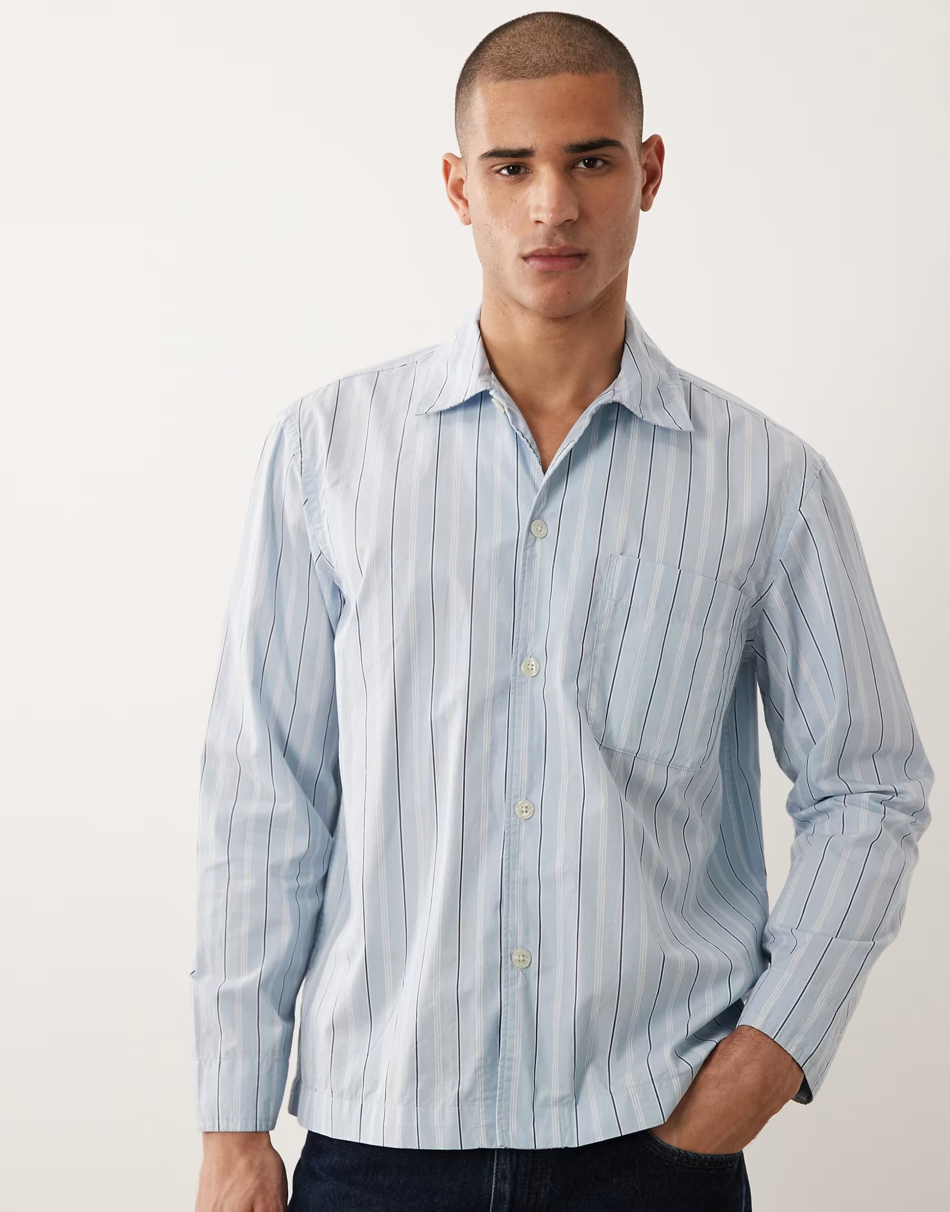ASOS Selected poplin long sleeve shirt in blue stripe