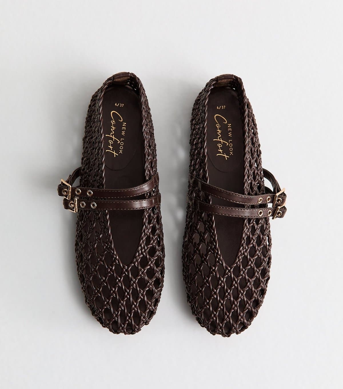 New Look Women's Brown Woven Faux Leather Mary Jane Flats Vegan New Look