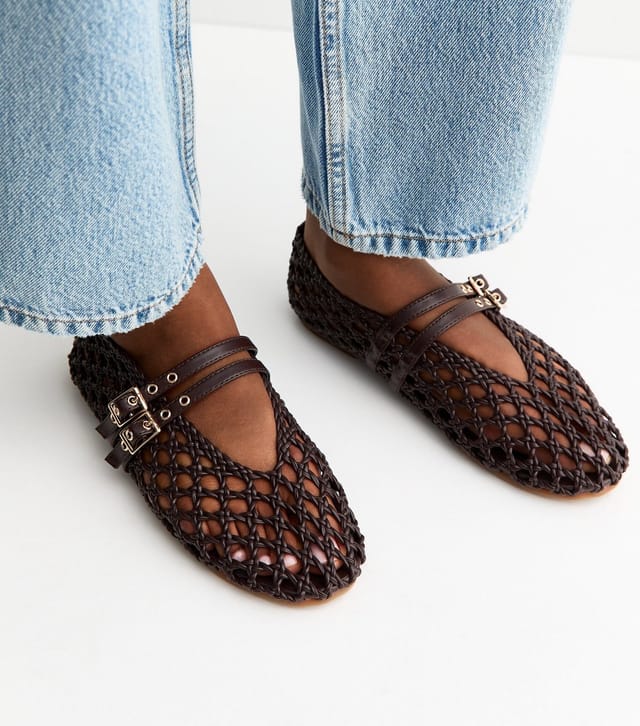 New Look Women's Brown Woven Faux Leather Mary Jane Flats Vegan New Look - 2