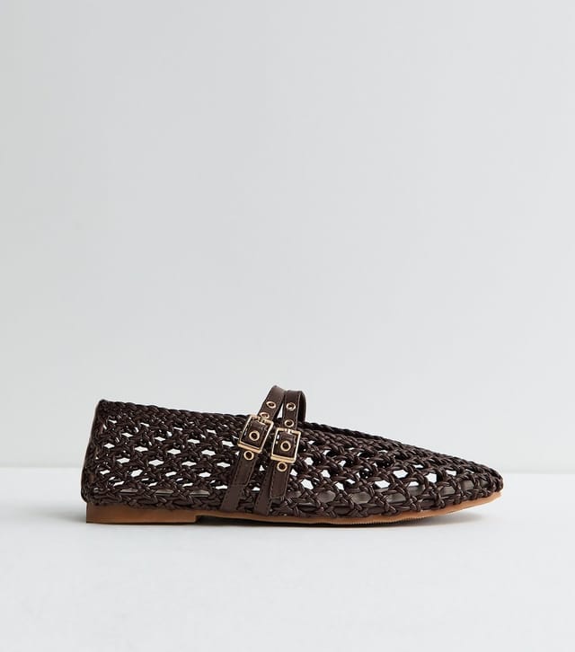 New Look Women's Brown Woven Faux Leather Mary Jane Flats Vegan New Look - 3