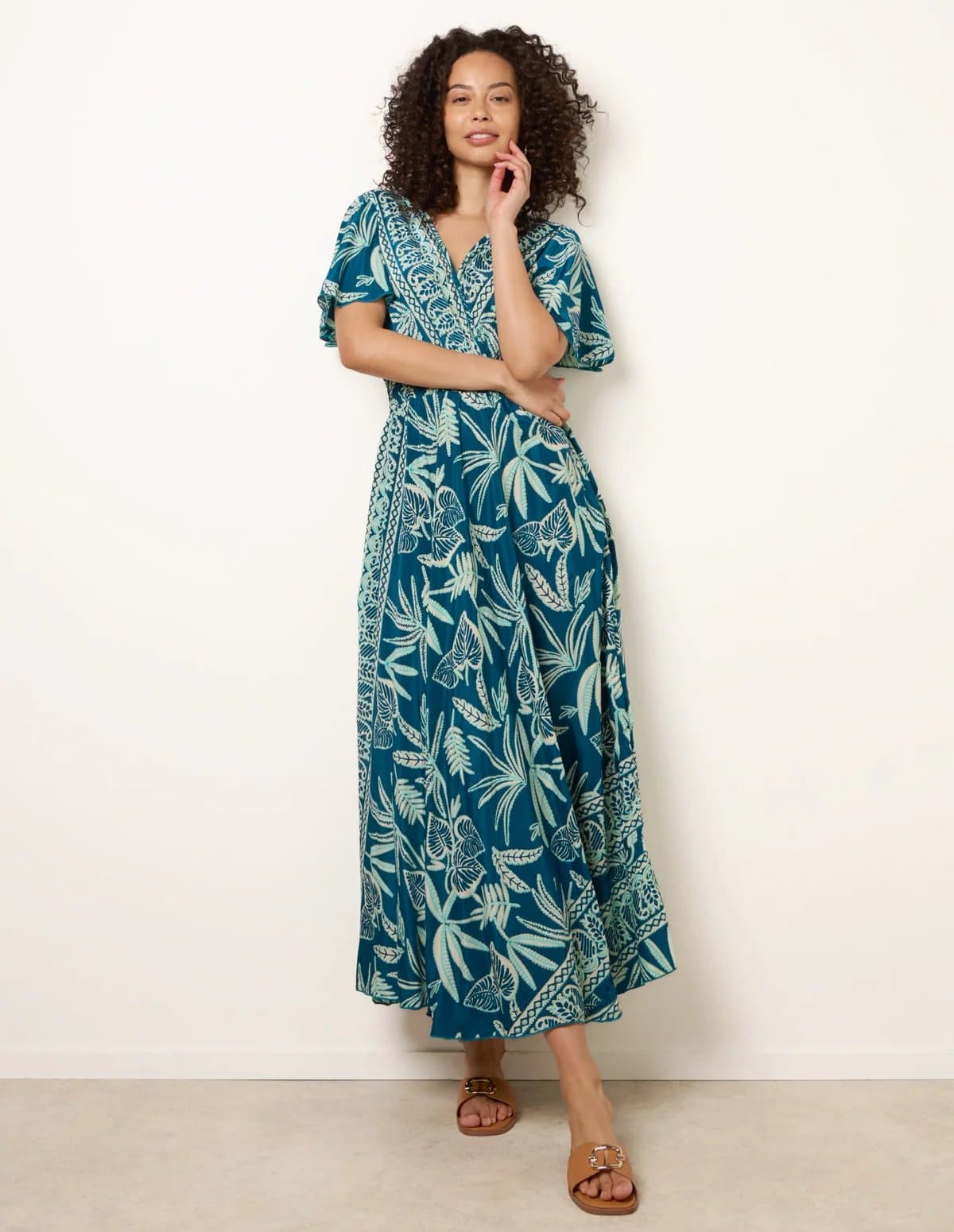Blue Vanilla Wrap Over Angel Sleeve Shirred Maxi Dress