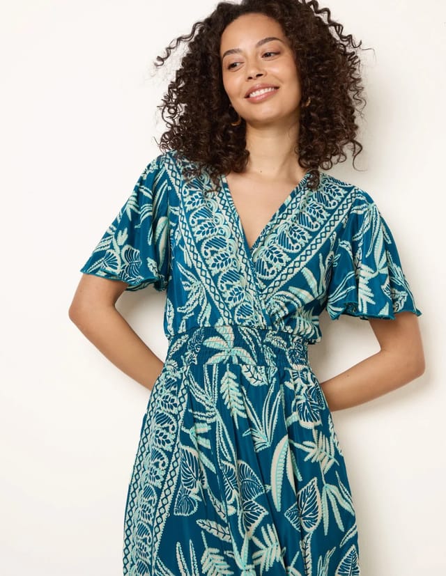 Blue Vanilla Wrap Over Angel Sleeve Shirred Maxi Dress - 2