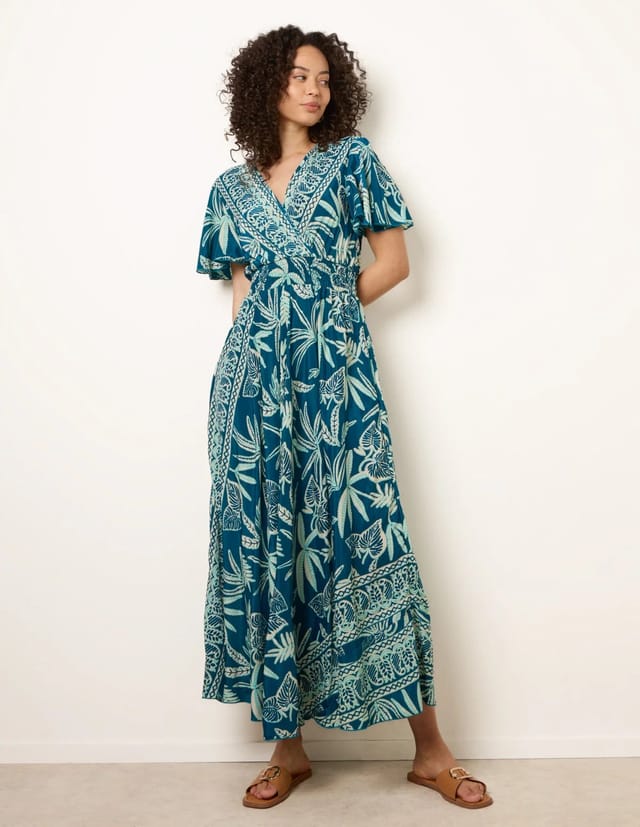 Blue Vanilla Wrap Over Angel Sleeve Shirred Maxi Dress - 3