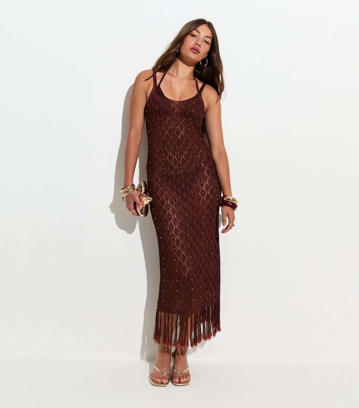 New Look Women's Brown Bead Crochet Tassle Maxi Beach Dress New Look