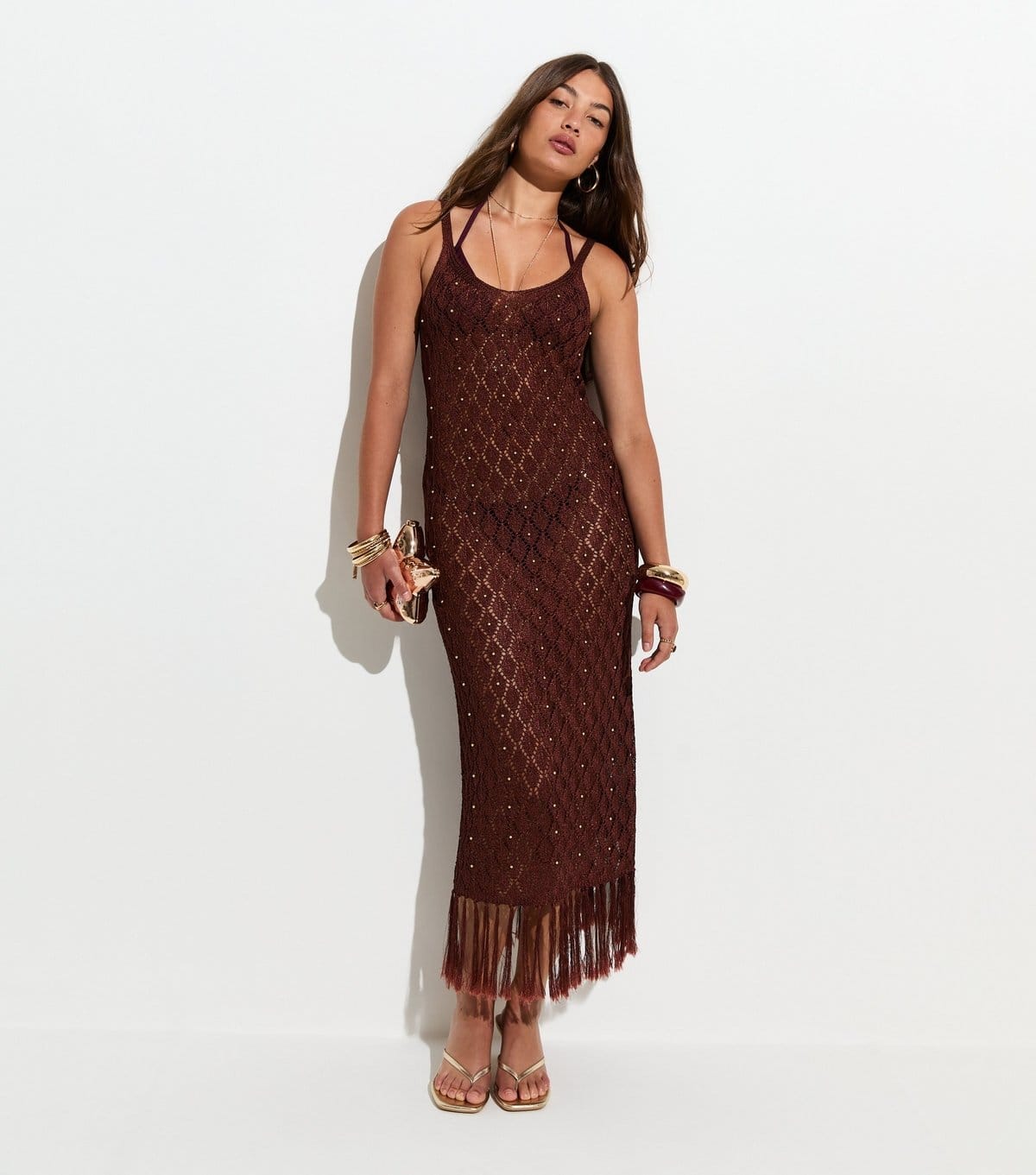New Look Brown Bead Crochet Tassle Maxi Beach Dress