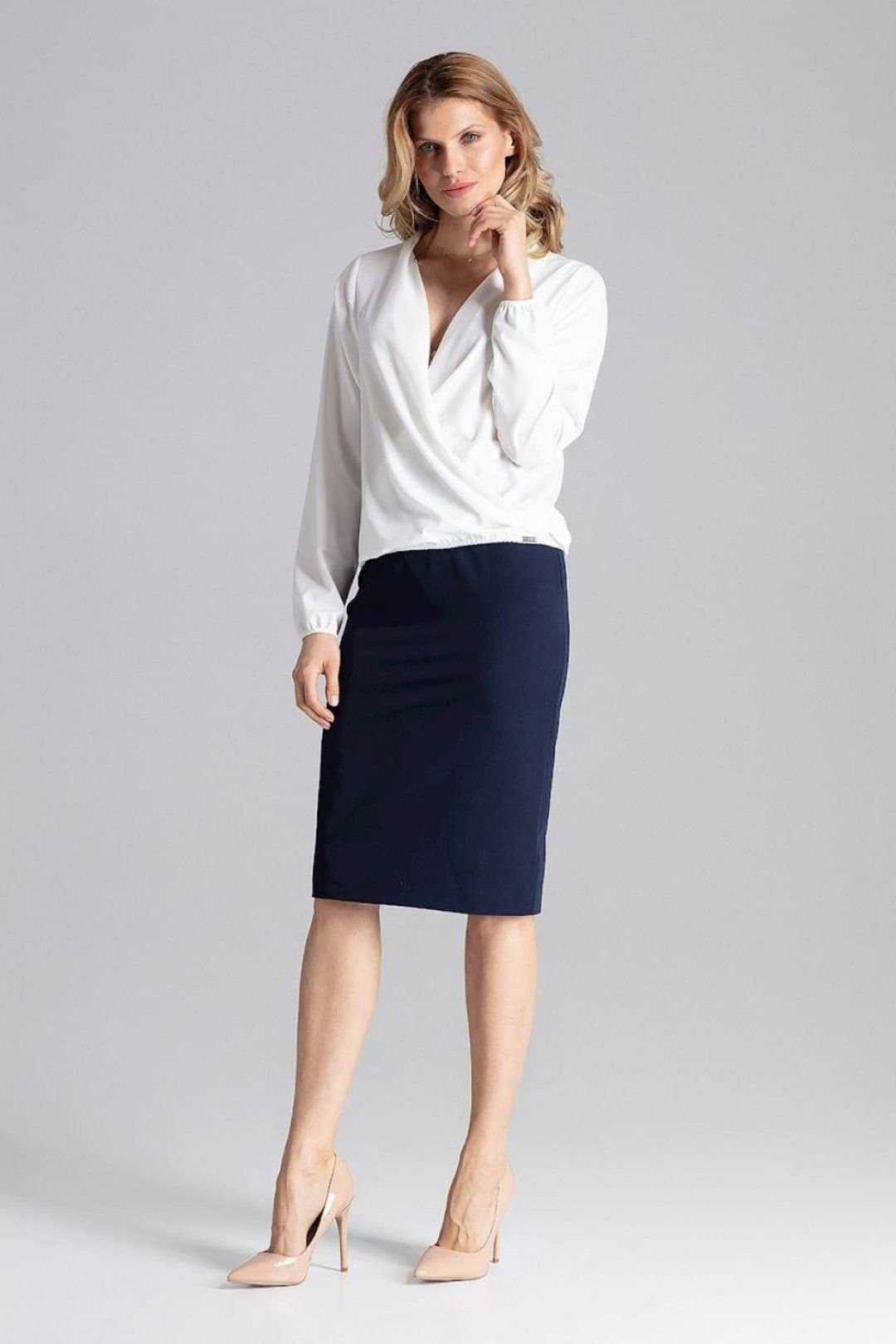 Love Lace Love Lace White Envelope Neck Blouse with Elastic Cuffs