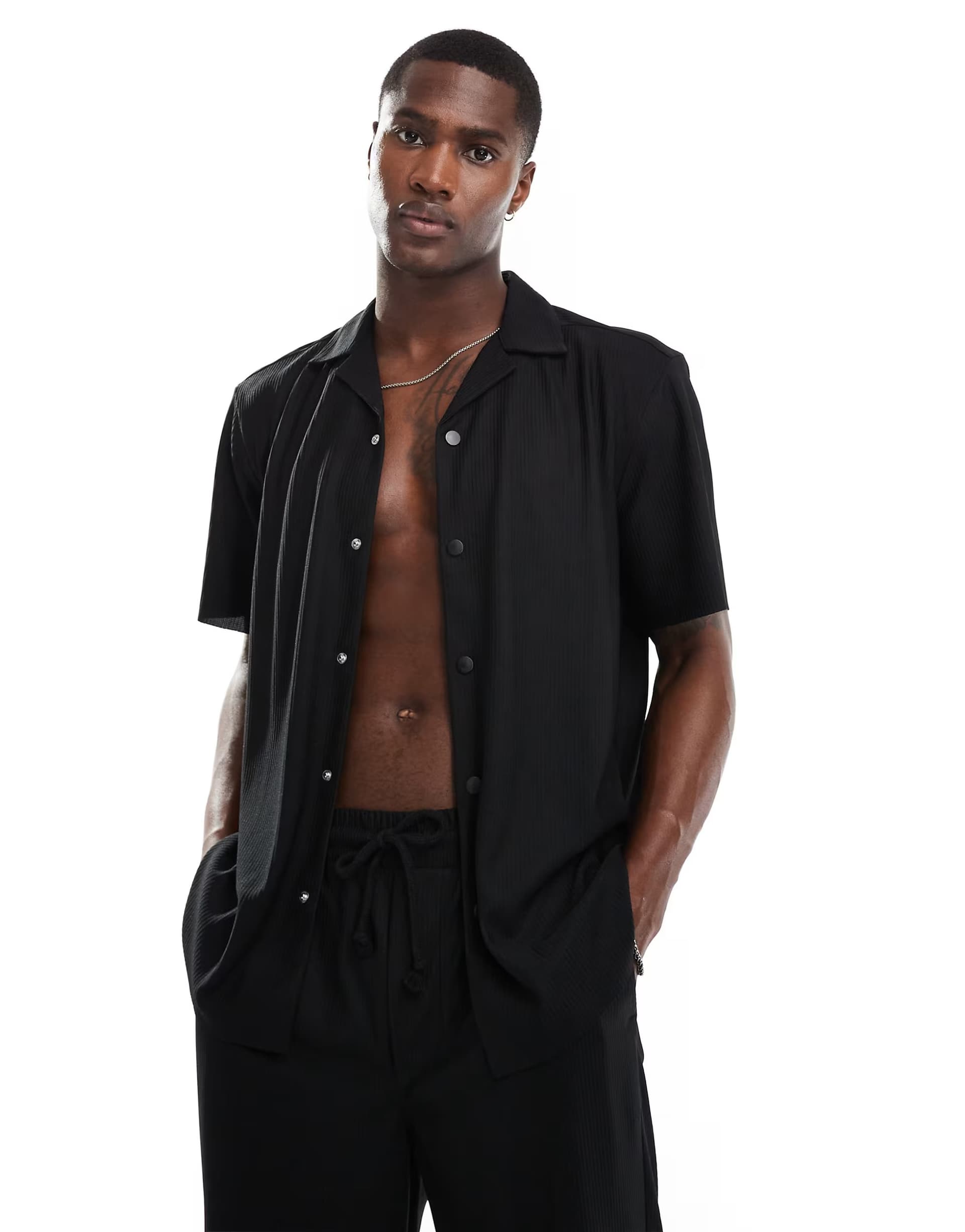 ASOS ONLY & SONS plisse revere collar shirt co-ord in black