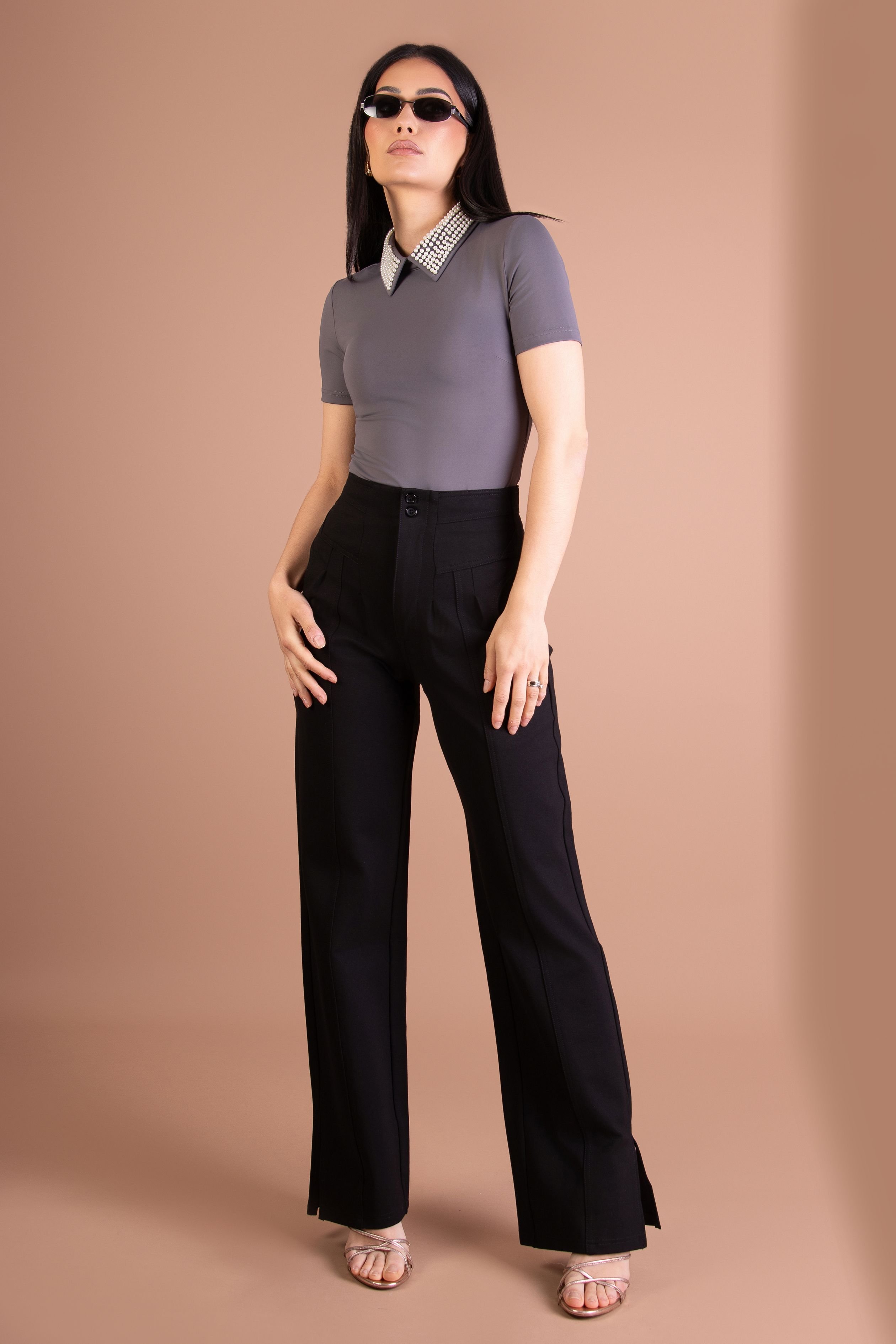 BALOU BALOU Women's Pearl Collar Top Steel Grey - 2