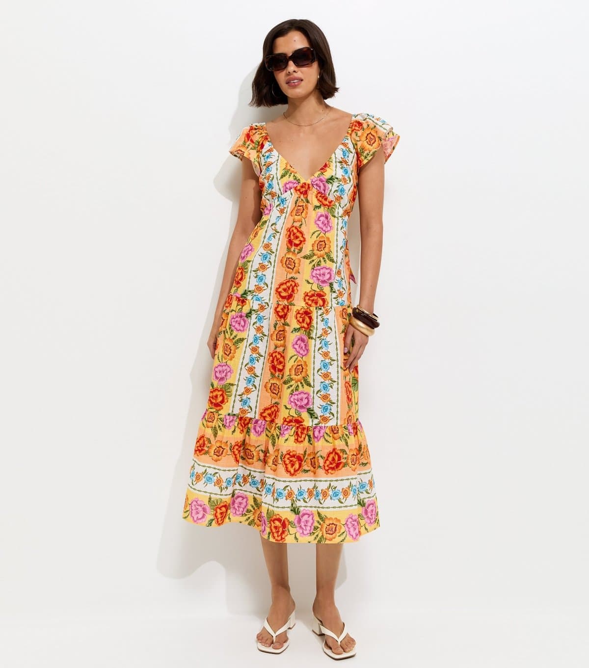 New Look Women's Yellow Cotton Floral Flutter Sleeve Midi Dress New Look