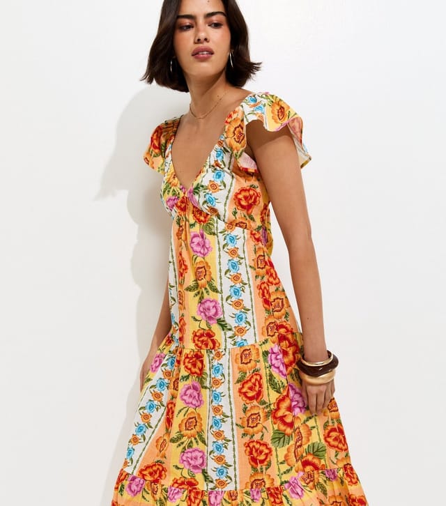 New Look Women's Yellow Cotton Floral Flutter Sleeve Midi Dress New Look - 2