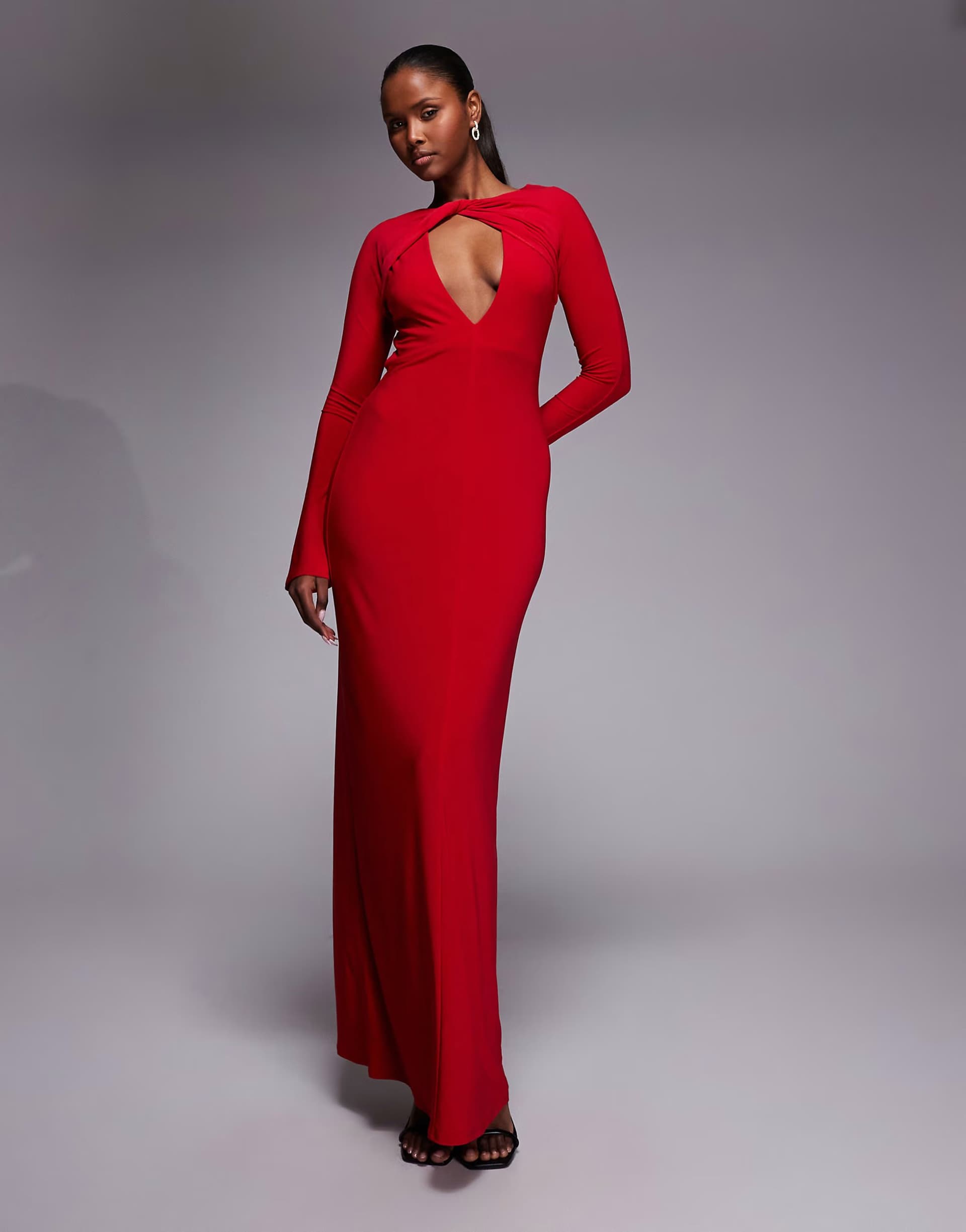 ASOS ASOS DESIGN slinky twist detail plunge neck long sleeve maxi dress in red
