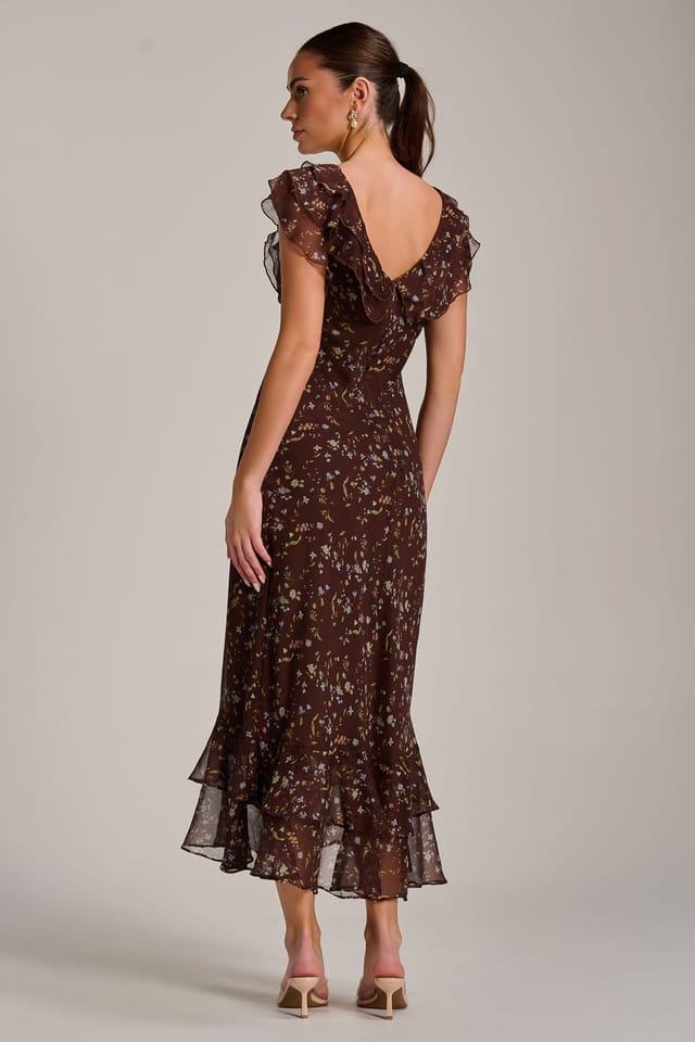 Jolie Moi Jolie Moi Women's Ruffle V Neckline Chiffon Midaxi Dress in Brown - 2