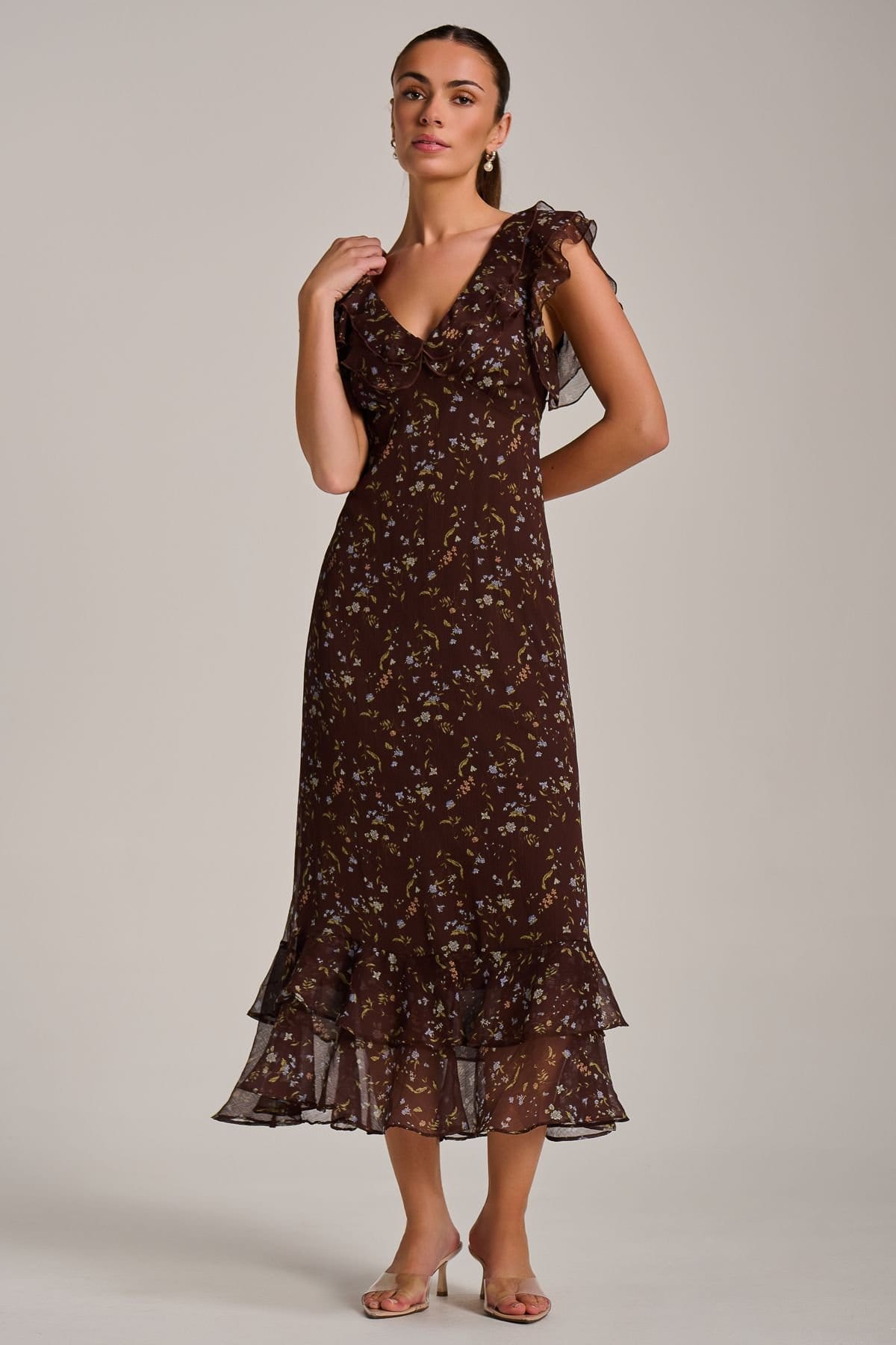 Jolie Moi Jolie Moi Women's Ruffle V Neckline Chiffon Midaxi Dress in Brown - 4