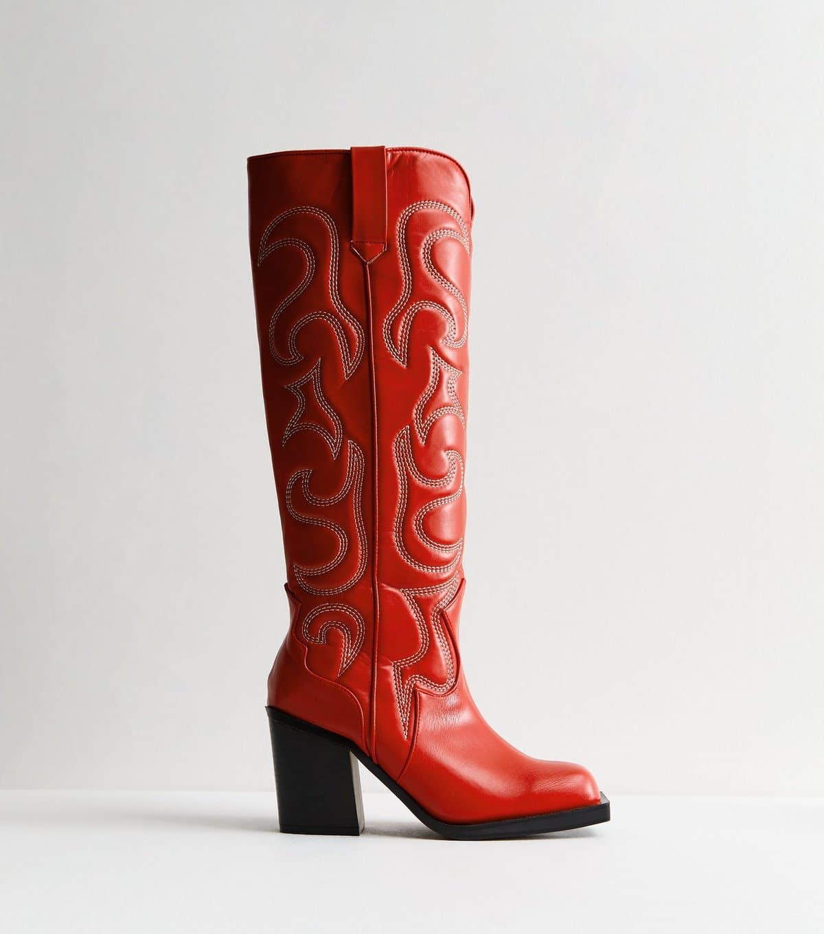 Public Desire Women's Austine Red Leather-Look Embroidered Knee High Cowboy Boots Public Desire New Look