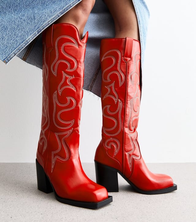 Public Desire Women's Austine Red Leather-Look Embroidered Knee High Cowboy Boots Public Desire New Look - 2