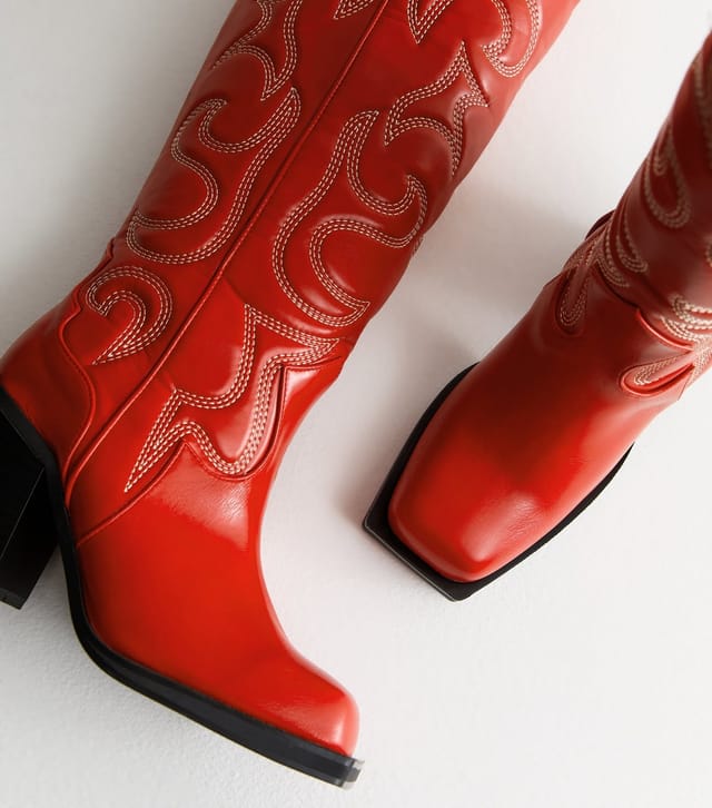 Public Desire Women's Austine Red Leather-Look Embroidered Knee High Cowboy Boots Public Desire New Look - 3