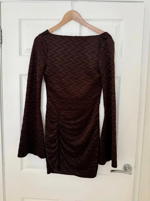 ASOS ASOS Plisse Long Sleeve Low Back Brown Mini Dress