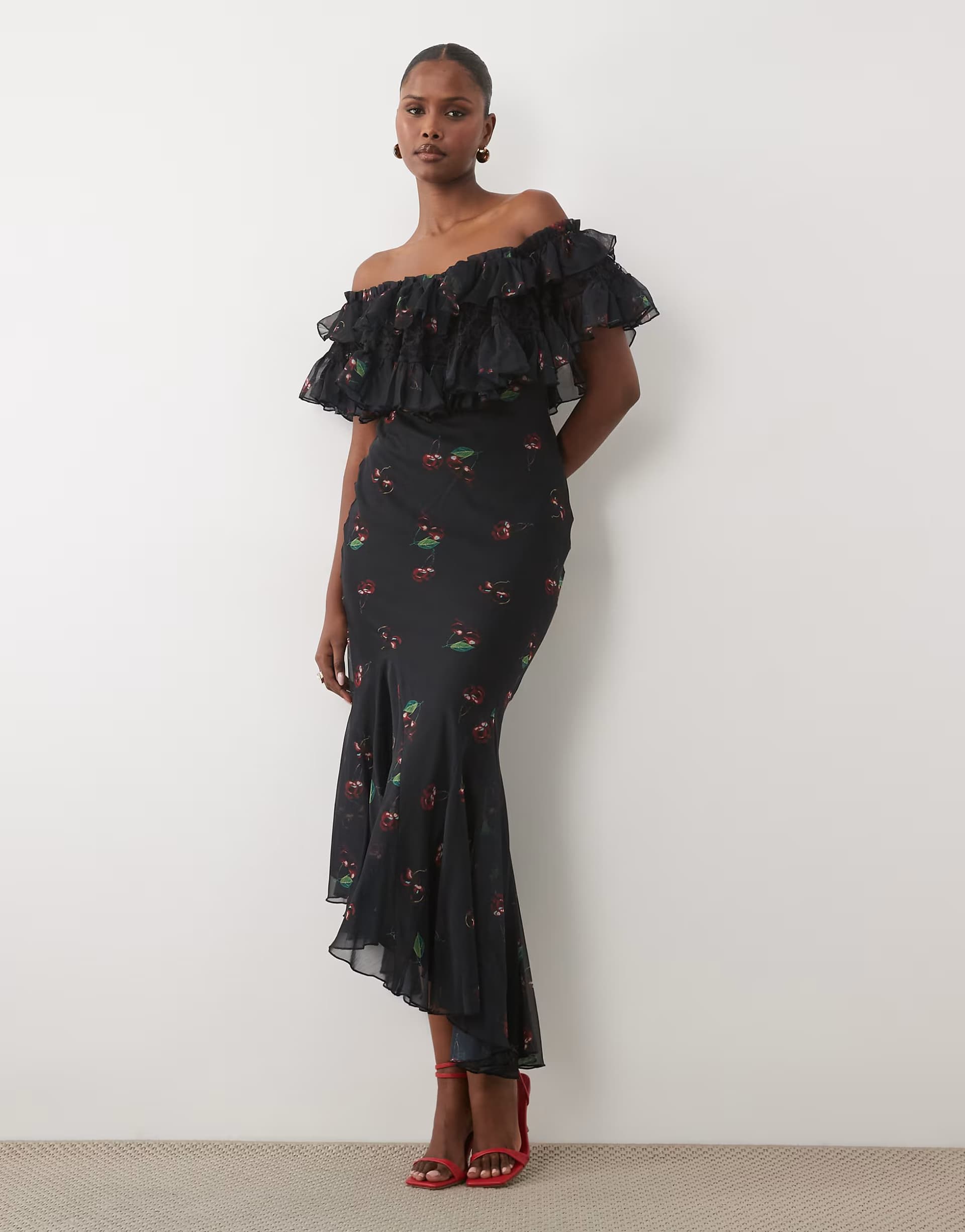 ASOS ASOS DESIGN lace mix bardot off shoulder ruffle midi dress in dark cherry print