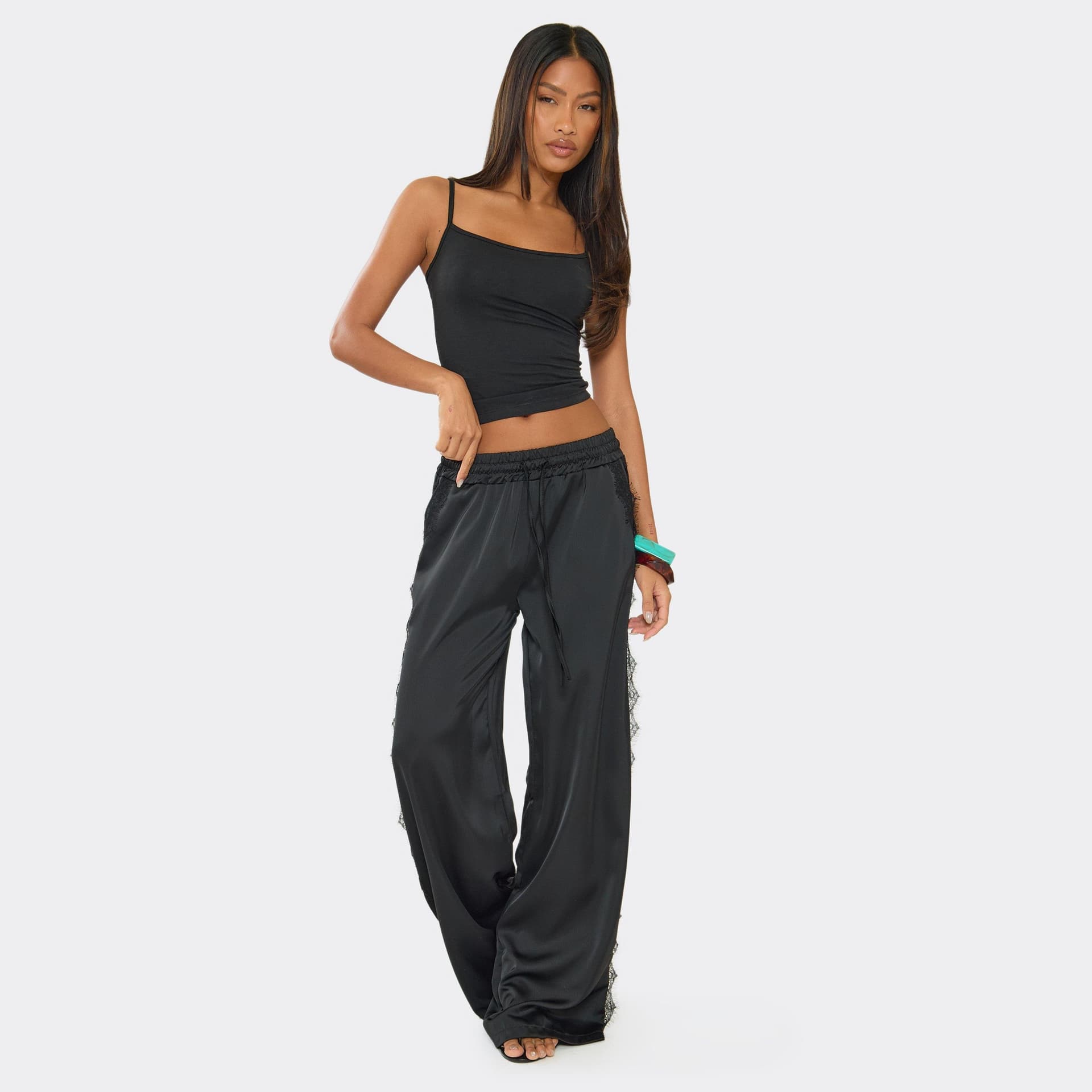 EGO Mid Rise Lace Trim Detail Wide Leg Floaty Trousers In Black Satin, Women's Size UK 6