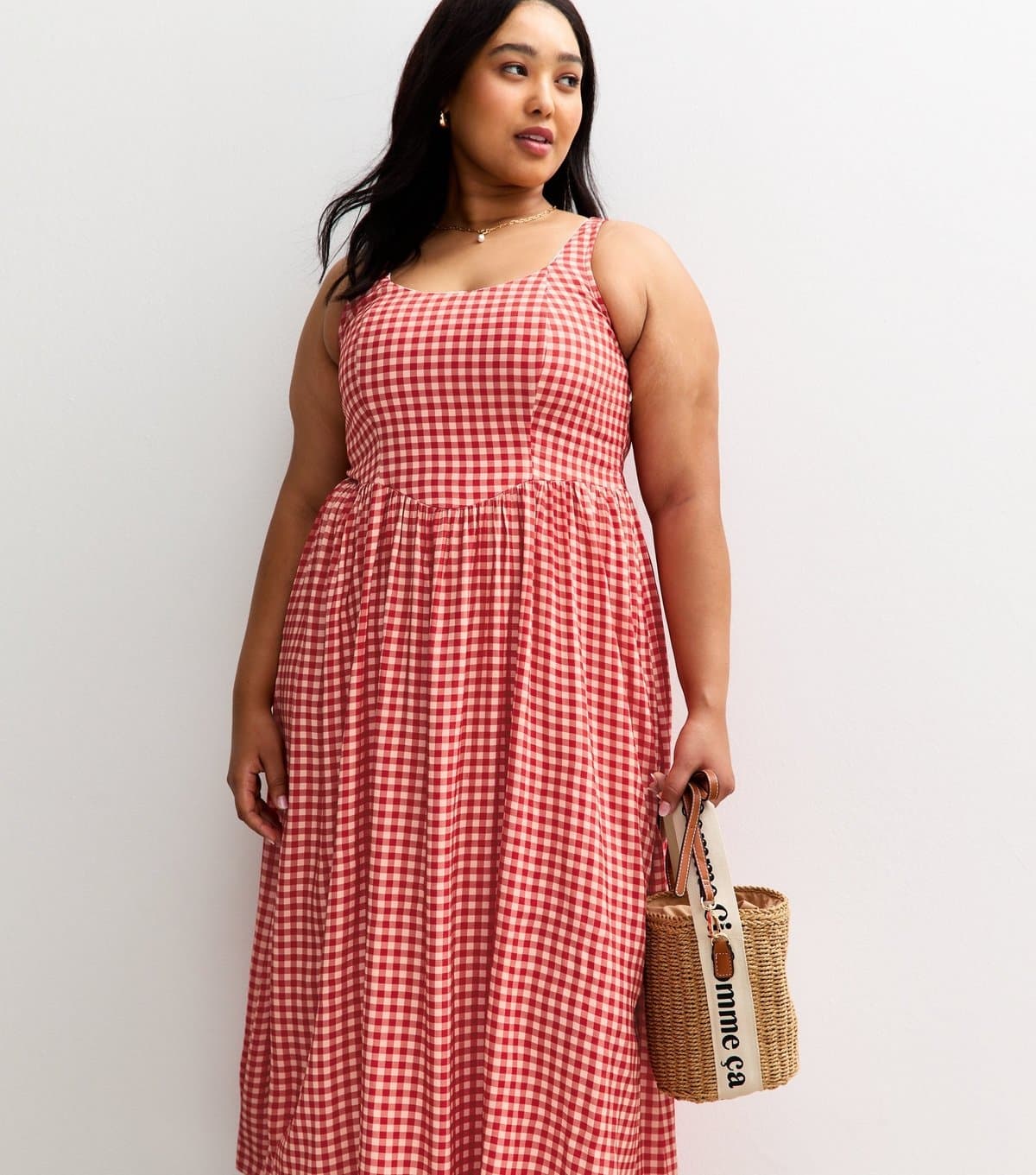 New Look Women's Plus Size Red Gingham Double Bow Back Midi Dress Curves New Look