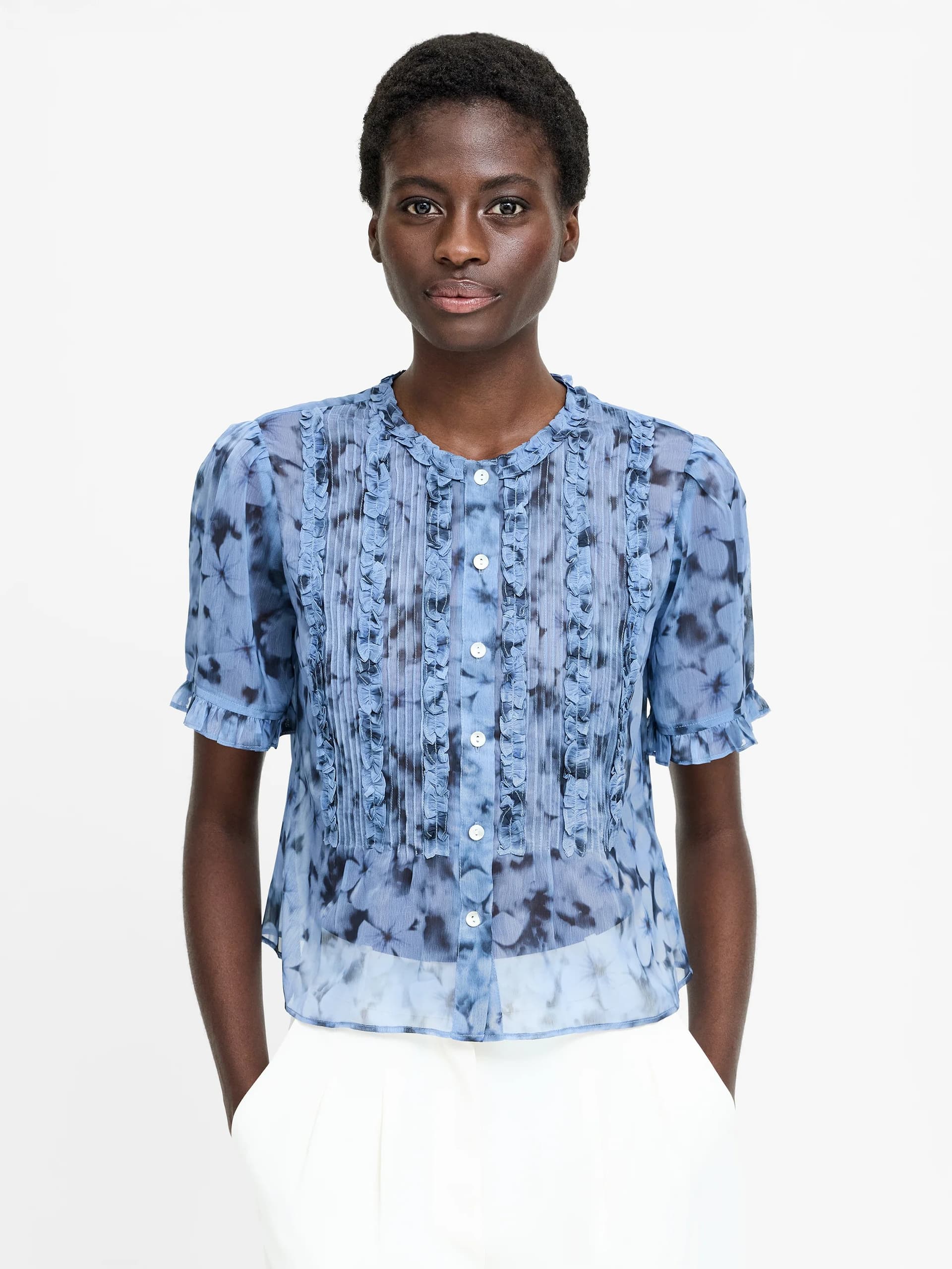 French Connection Anita Blue Floral Pintuck Ruffle Blouse Blue Multi Slate