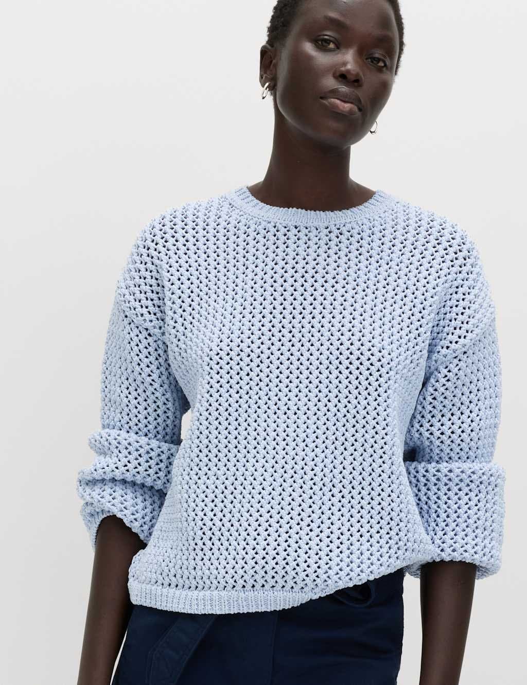 Marks & Spencer M&S Faded Blue Textured Crew Neck Cropped Jumper