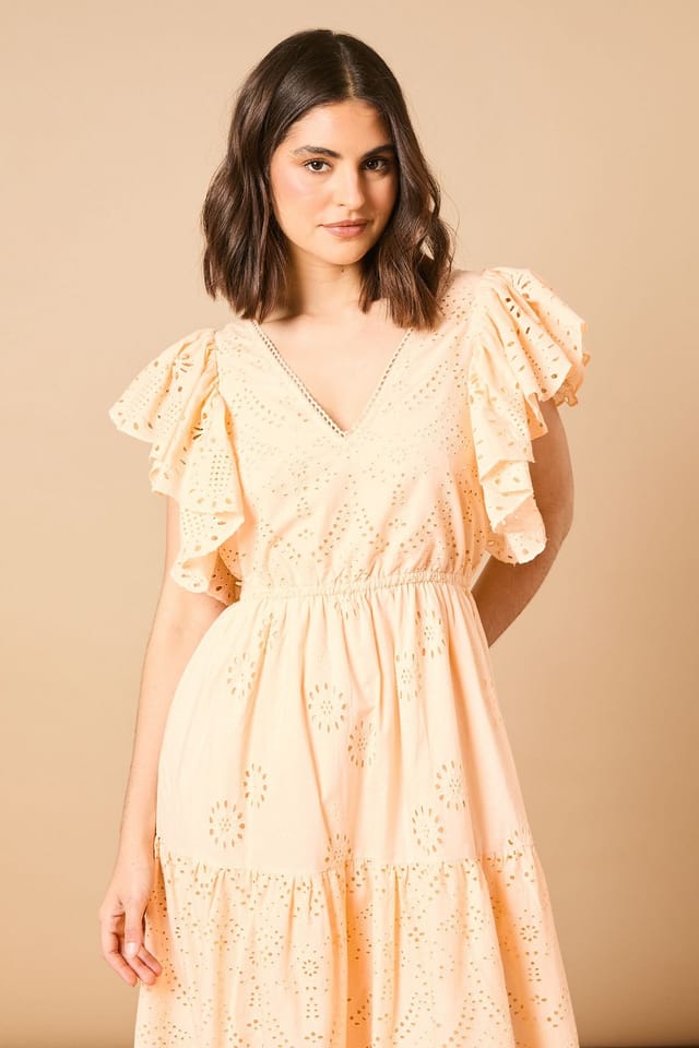 Oasis Oasis Women's Broderie V Neck Angel Sleeve Maxi Dress in Apricot - 2