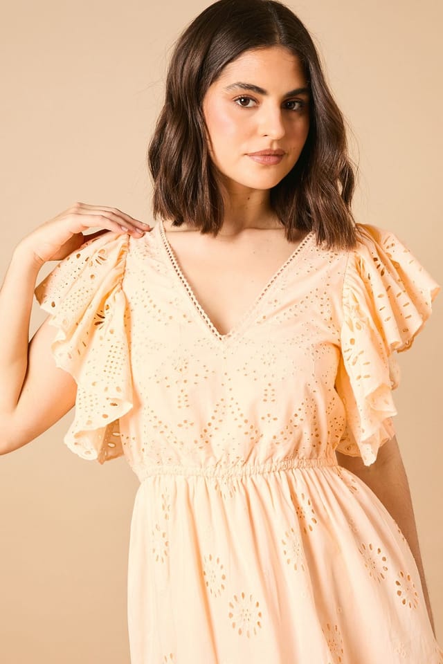 Oasis Oasis Women's Broderie V Neck Angel Sleeve Maxi Dress in Apricot - 3