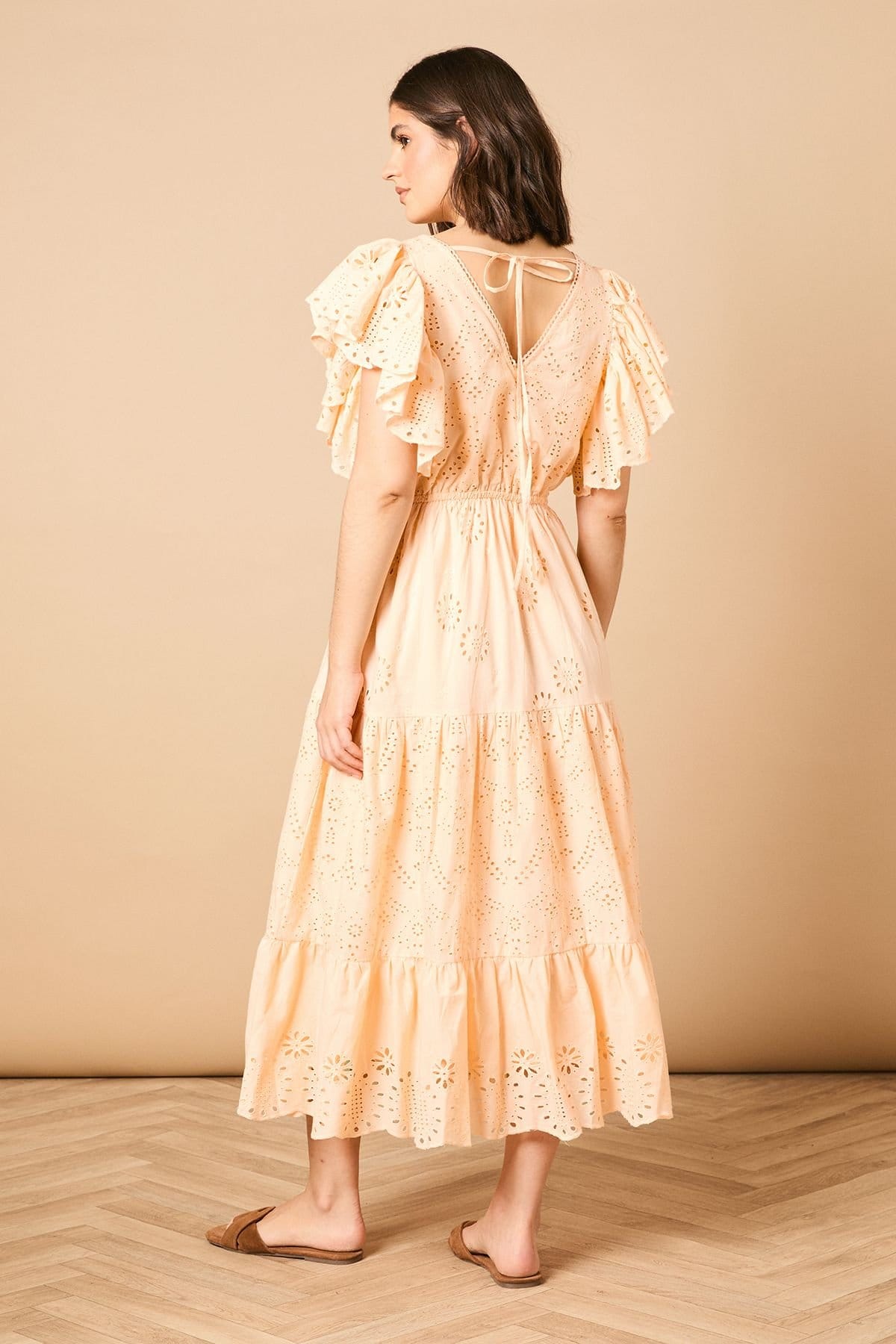 Oasis Oasis Women's Broderie V Neck Angel Sleeve Maxi Dress in Apricot - 4