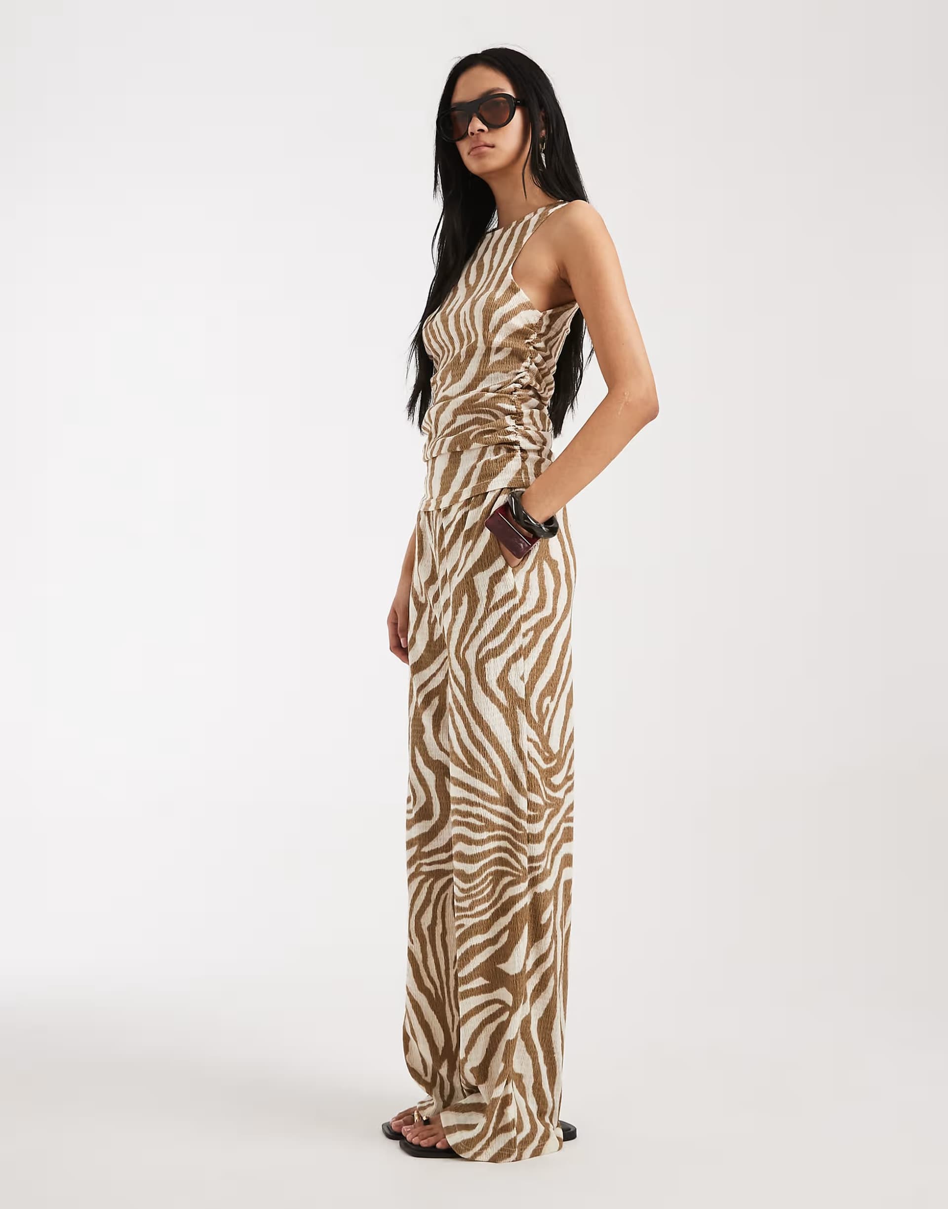 ASOS Vero Moda Tall sleeveless ruched jersey top and wide leg trouser set in birch abstract print